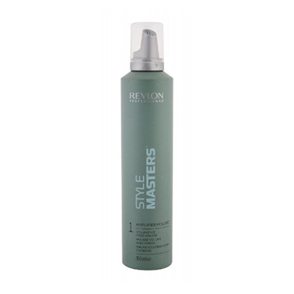 Zylindrische Flasche mit Sprühkopf. Aufschrift: Revlon Professional, Style Masters. Text: Volume Amplifier Mousse.