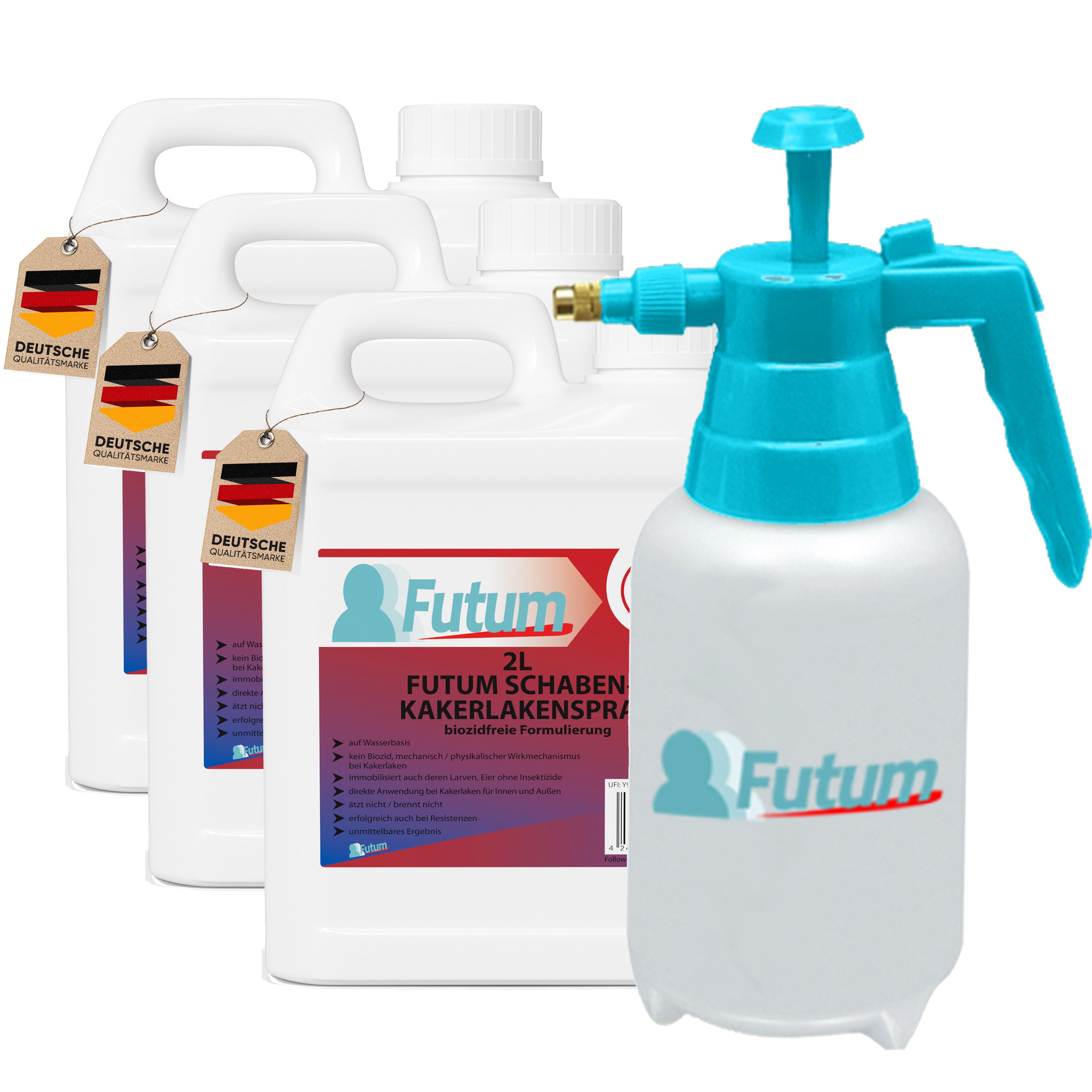 Drei weiße Kanister und eine Sprühflasche. Auf den Kanistern ist das Logo und der Produktname "FUTUM Schaben- / Kakerlakenspray" zu sehen. Die Sprühflasche ist blau-weiß.