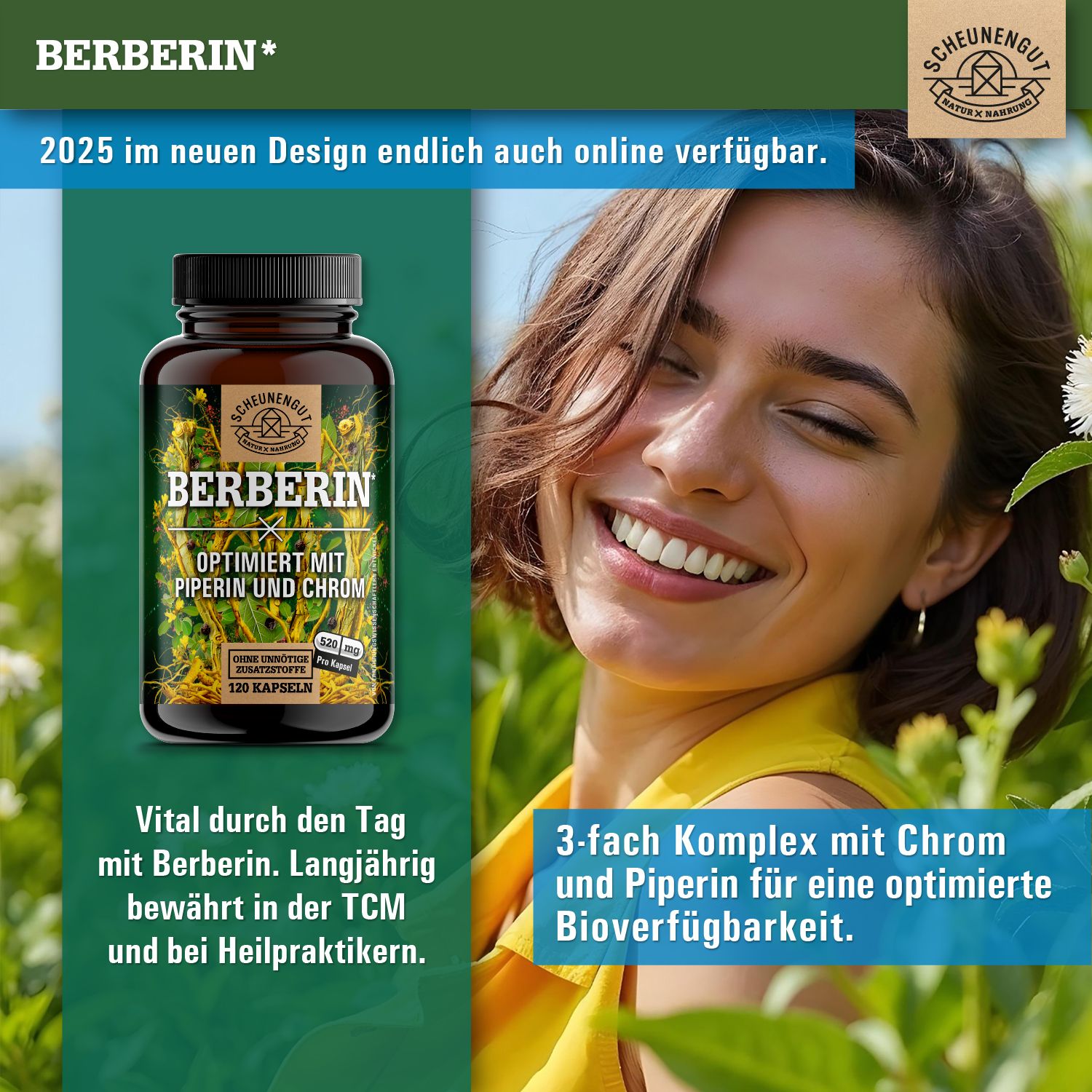 Frau lächelt in einem Feld. Im Hintergrund eine braune Glasflasche mit Berberin-Kapseln. Aufschrift: Berberin, optimiert mit Piperin und Chrom.