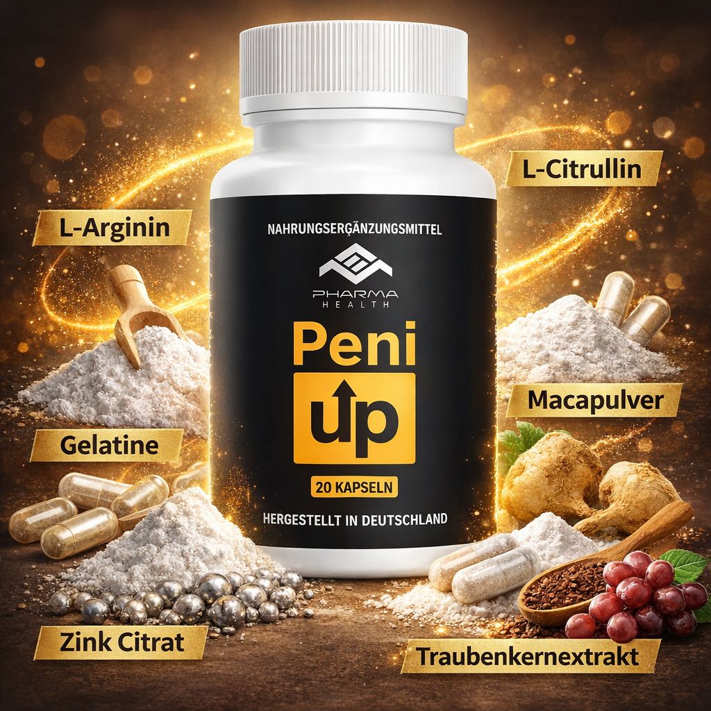 Weiße Flasche mit schwarzem Etikett. Produktname: Peni Up. Zutaten: L-Arginin, L-Citrullin, Macapulver, Gelatine, Zink Citrat, Traubenkernextrakt. 20 Kapseln.