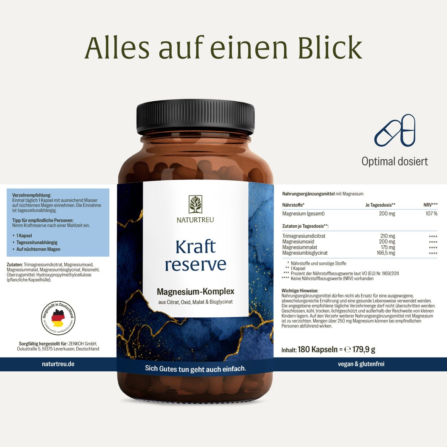 NATURTREU Kraft Reserve Magnesium-Komplex Dose mit detaillierter Produktinformation.