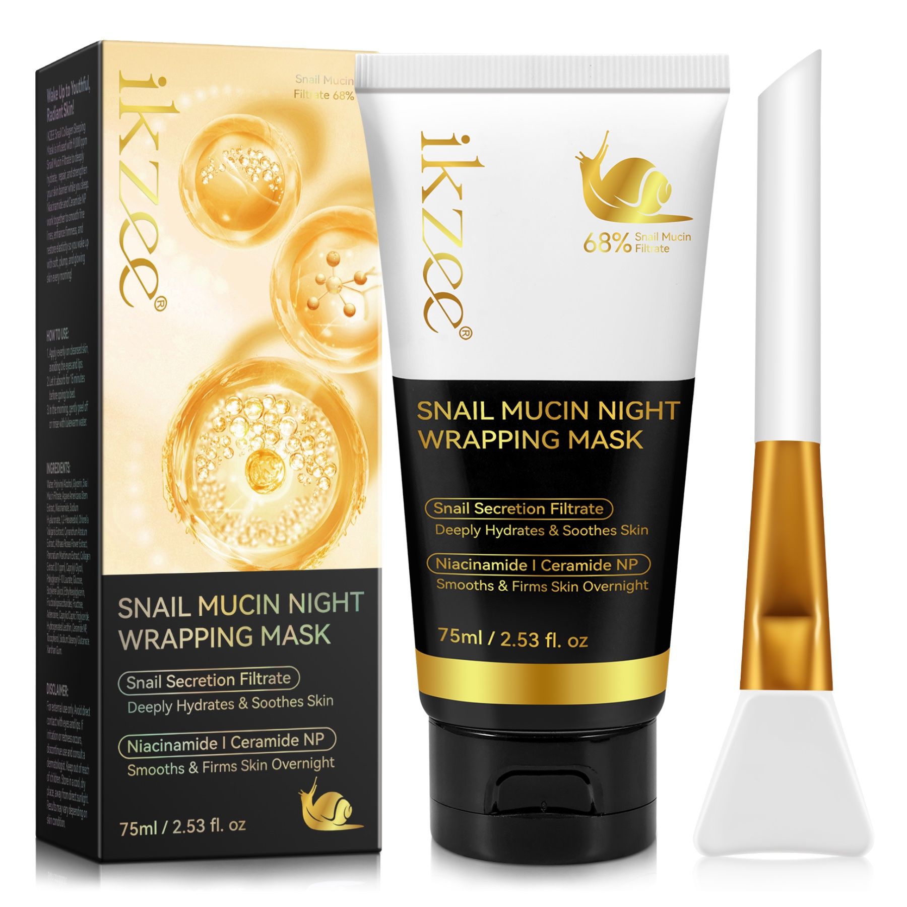 Produkt-Tube und Verpackung. Mit Spatel. Text: Snail Mucin Night Wrapping Mask. 75ml/2.53 fl. oz.