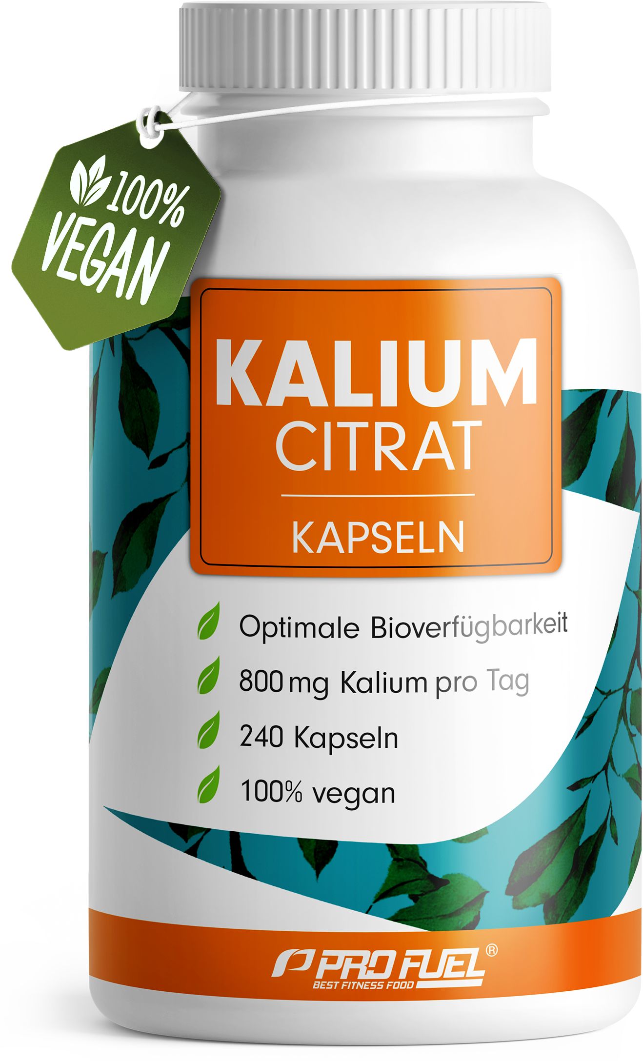 Weiße Flasche mit Kapseln. Aufschrift: KALIUM CITRAT KAPSELN. Grün-oranges Etikett. 100% vegan. Aufkleber: 100% vegan.