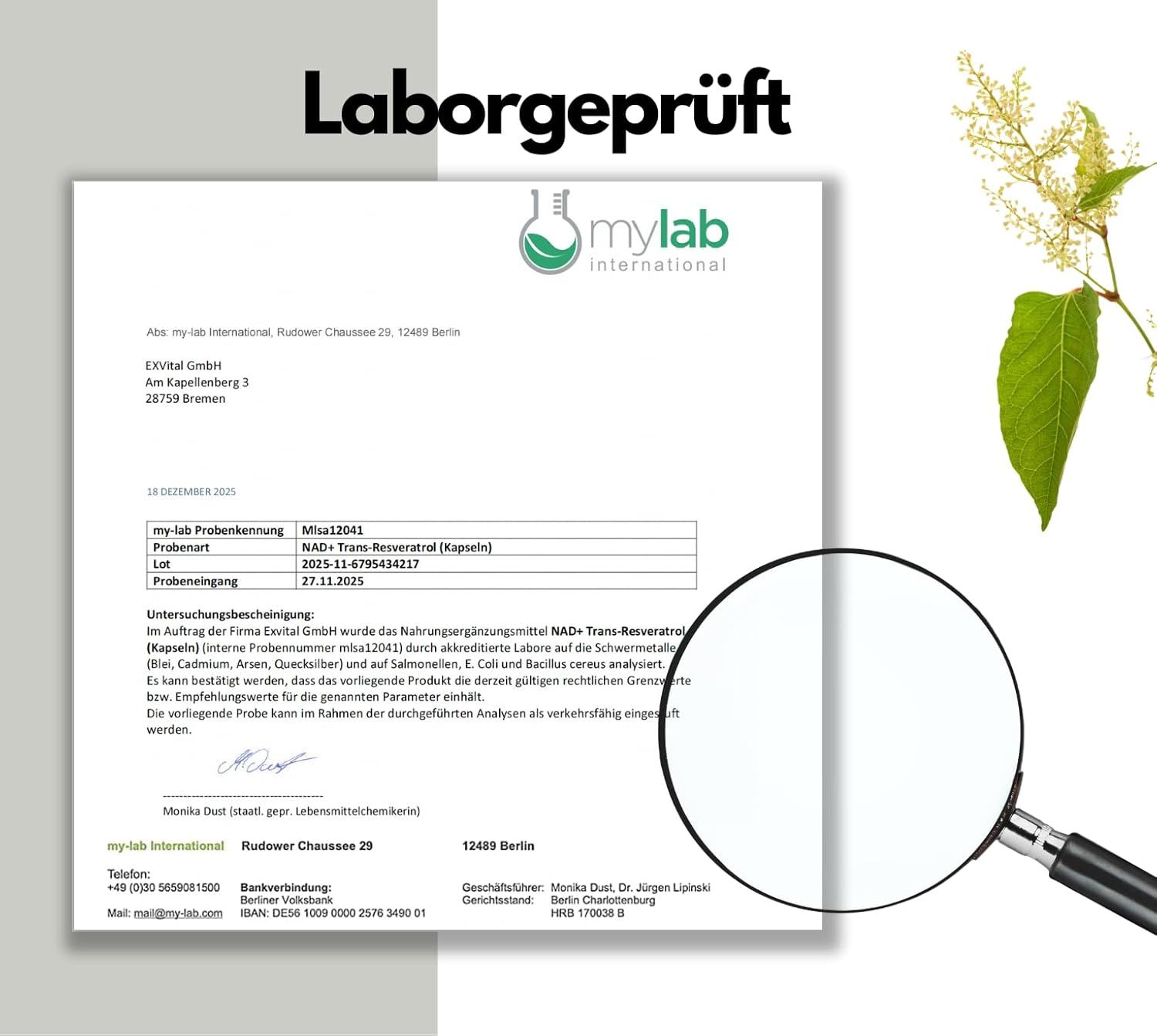 Laborgeprüftes Dokument mit Lupe. Text: mylab international, EXVital, NAD+ Trans-Resveratrol (Kapseln). Unterschrift, Datum, Informationen.