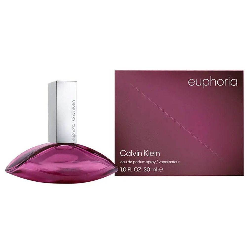 Flasche und Verpackung von Calvin Klein Euphoria Eau de Parfum Spray. Flasche: oval, pink. Verpackung: rechteckig, lila.