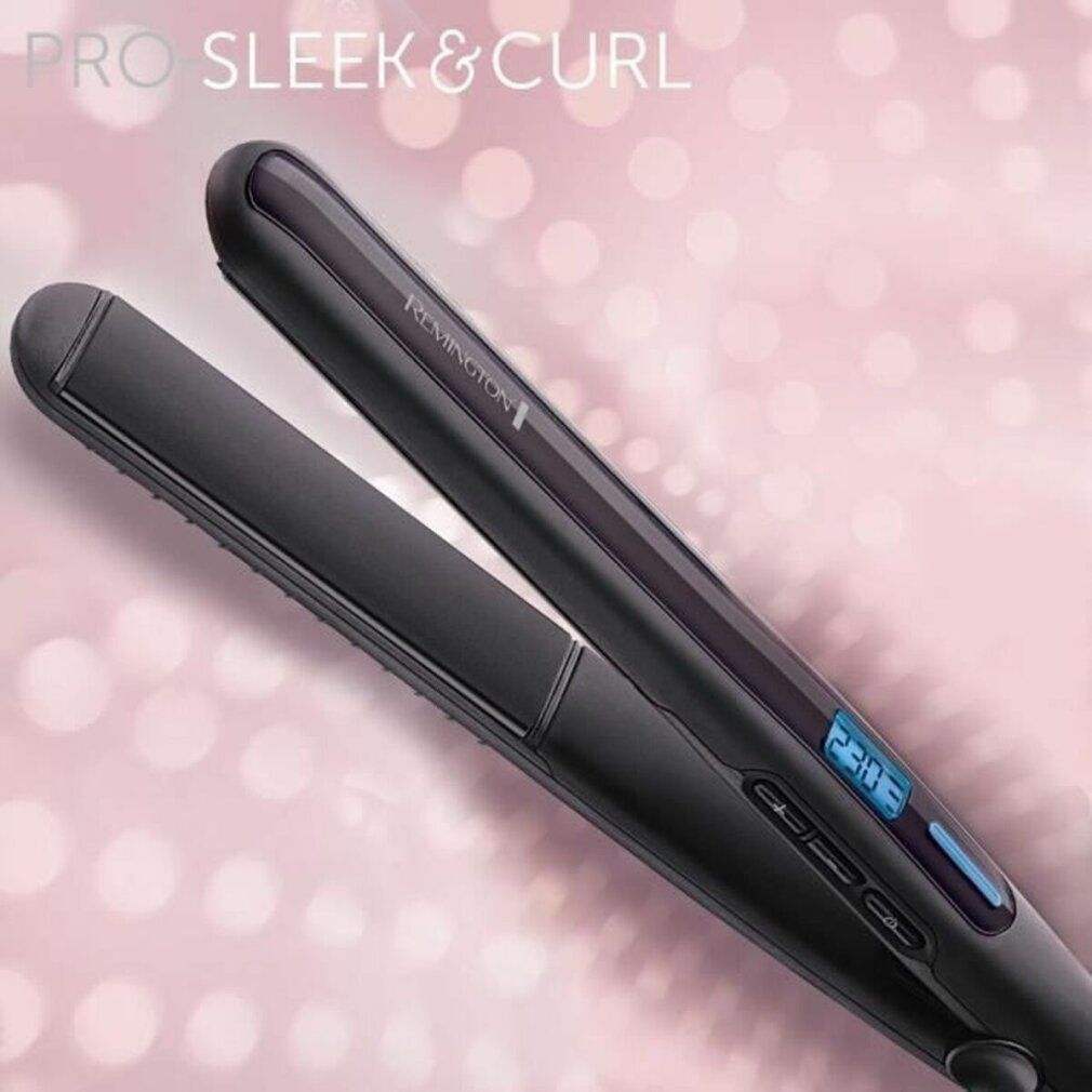 Schwarzes Glätteisen mit digitaler Anzeige. Text: PRO SLEEK & CURL. Marke Remington.