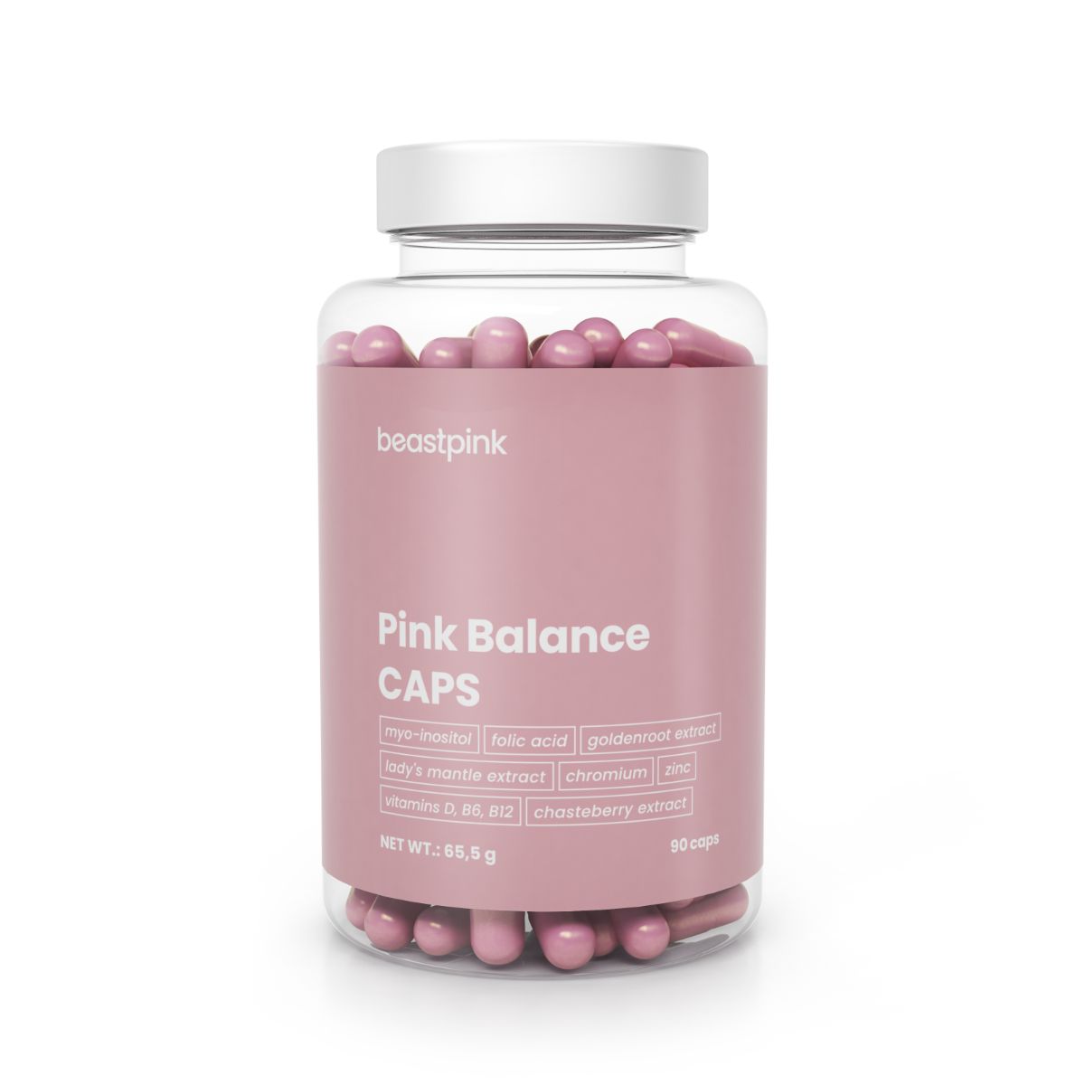 GymBeam Pink Balance Kapseln: Transparenter Behälter mit rosa Etikett, gefüllt mit rosa Kapseln. Enthält Myo-Inositol und weitere Inhaltsstoffe.