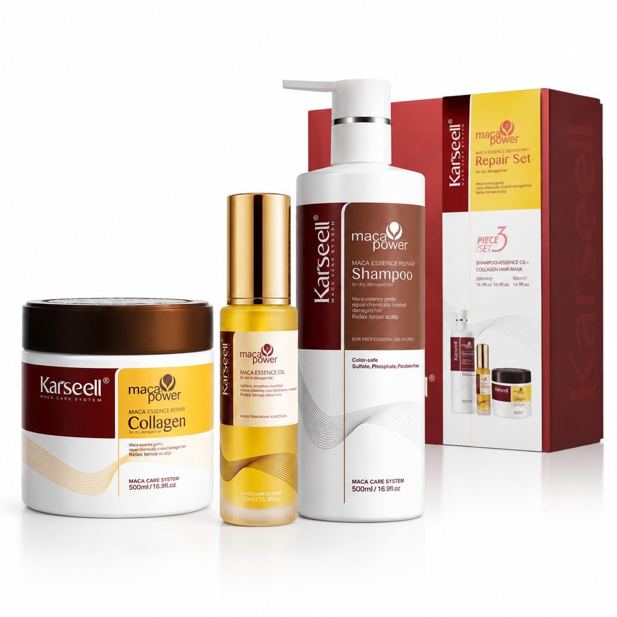 Karseell Maca Power Repair Set: Shampoo, Gesichtsmaske und Essenzöl.