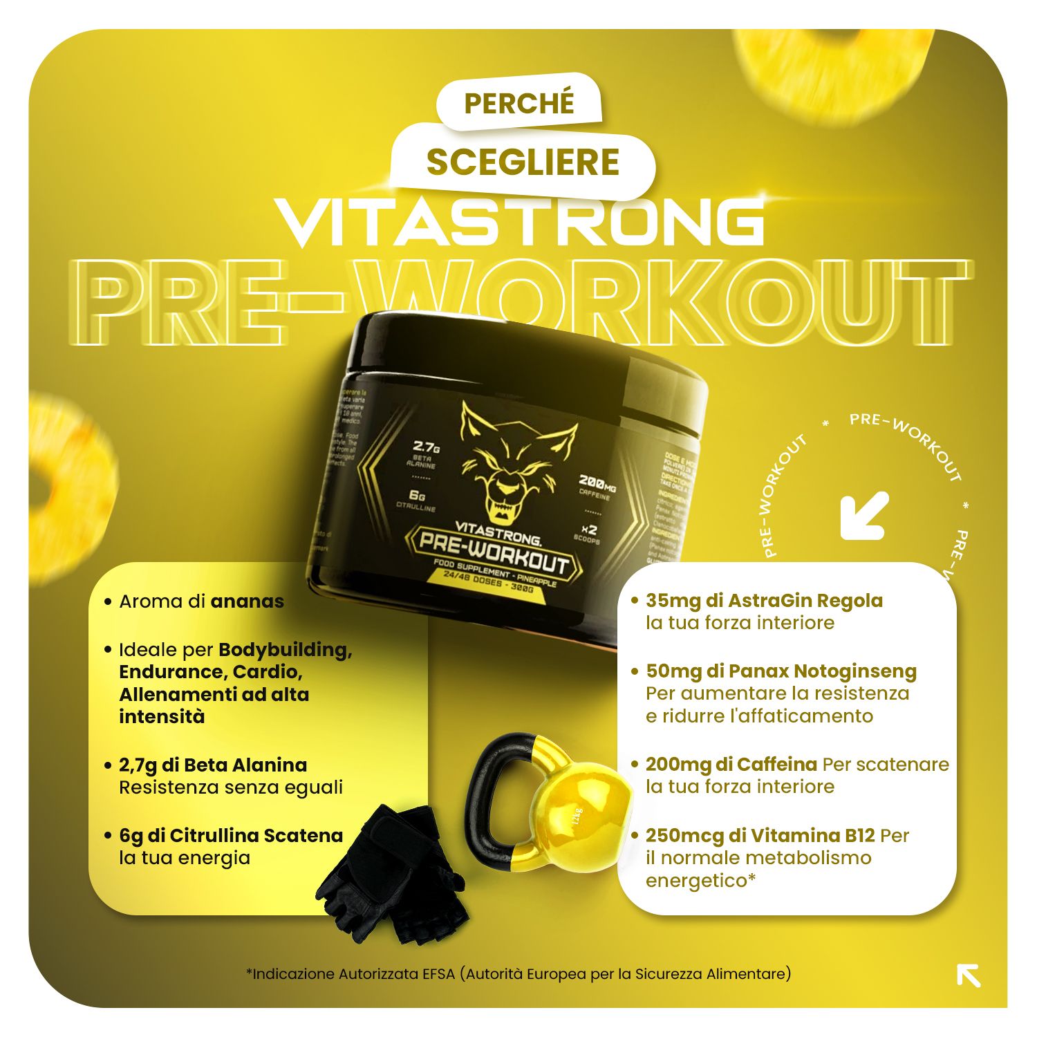 Gelber Hintergrund mit Dose und Zubehör. Text: Vitastrong Pre-Workout. Inhaltsstoffe und Vorteile werden aufgelistet.