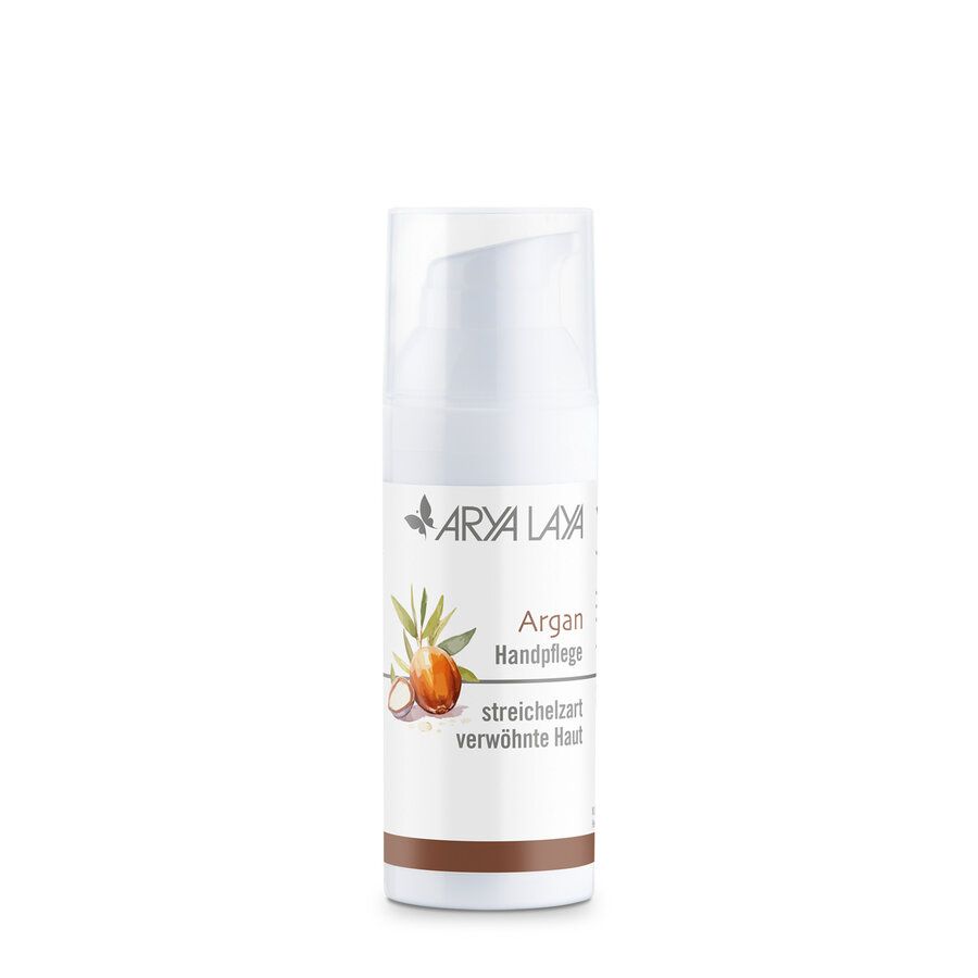 Weiße Flasche mit Arya Laya Argan Handpflege und einem Arganmotiv.