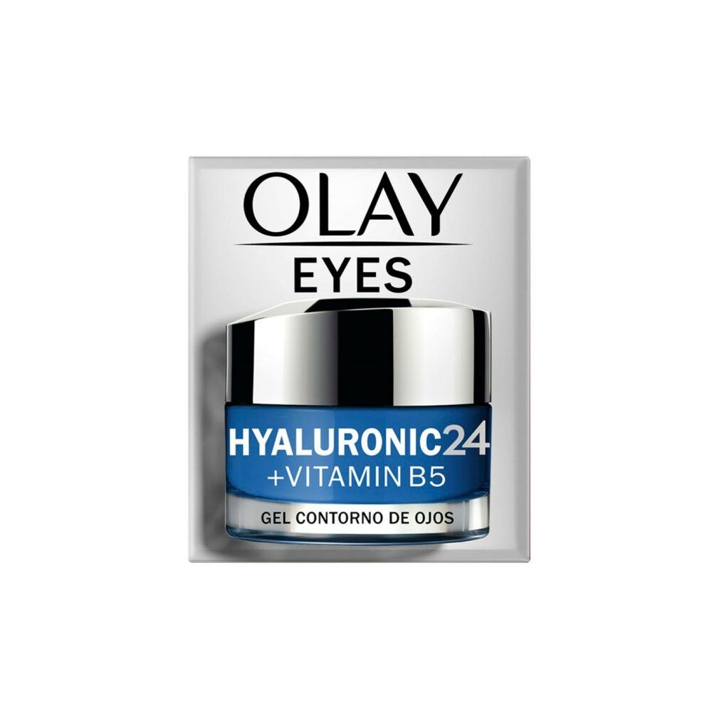 Blaues Tiegel mit silbernem Deckel. Oben steht Olay Eyes. Darunter Hyaluronic24 + Vitamin B5. Gel Contorno Ojos.