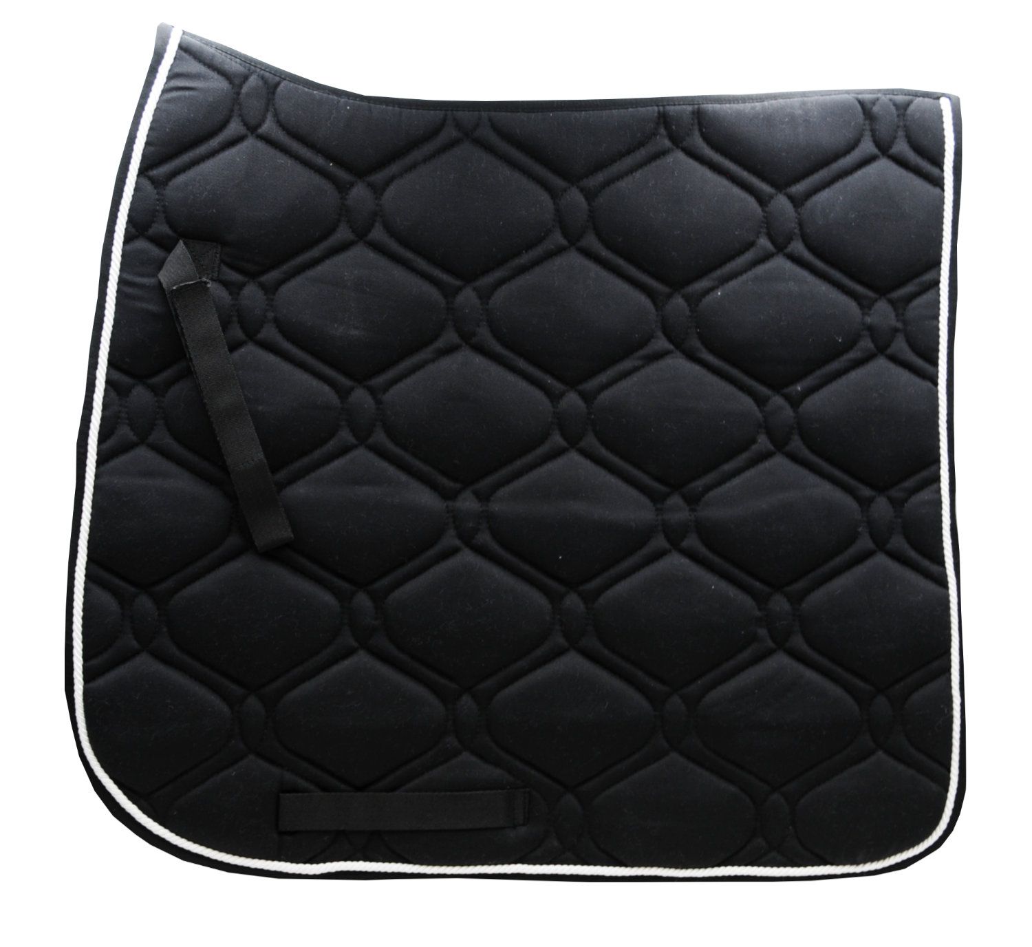 Schwarze Dressurschabracke mit weißer Kordel und Steppung. Schlaufen für Sattelgurt und Sattelblatt.