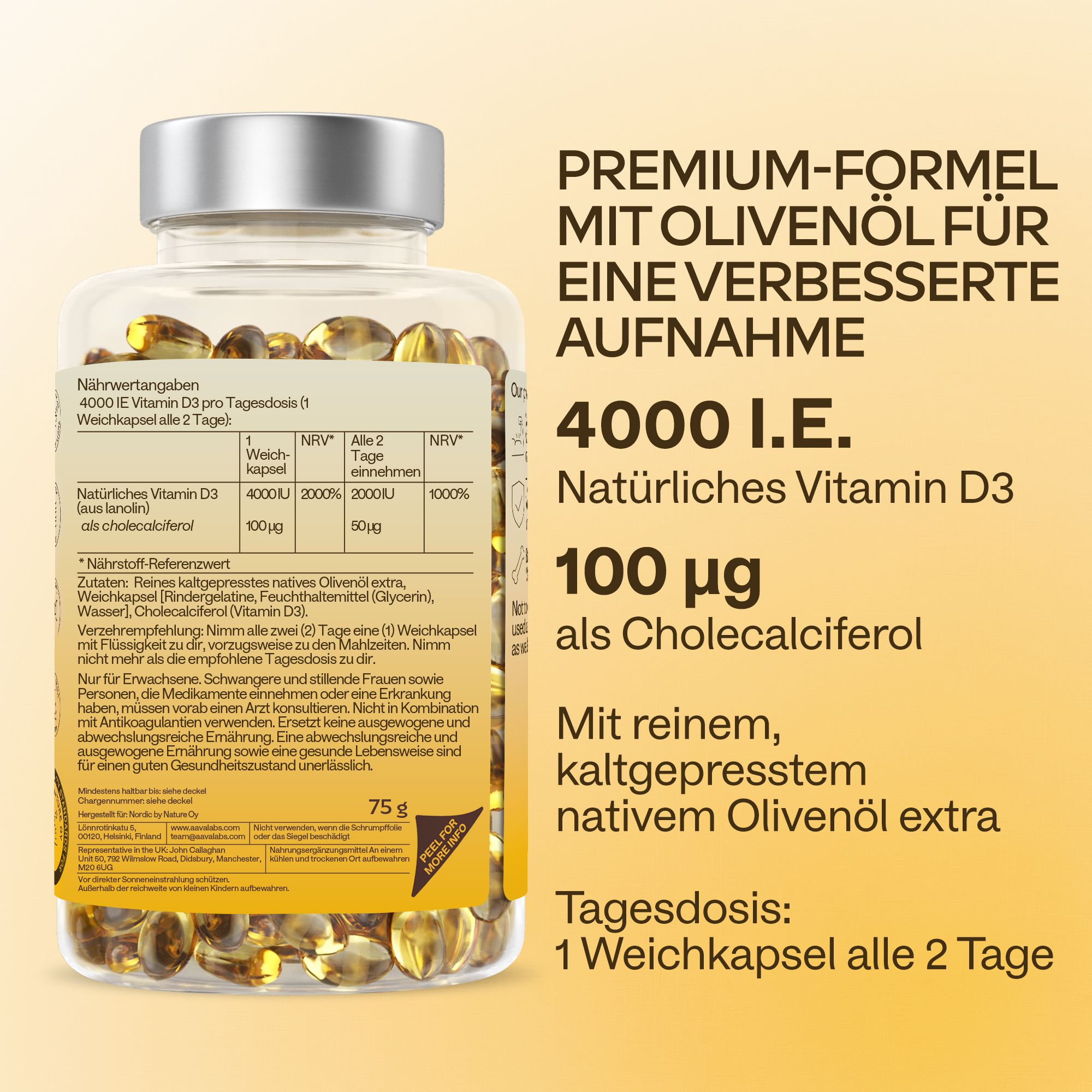 Rückseite der Flasche mit Informationen. 4000 I.E. Vitamin D3. 100 µg Cholecalciferol. Tagesdosis: 1 Kapsel alle 2 Tage.