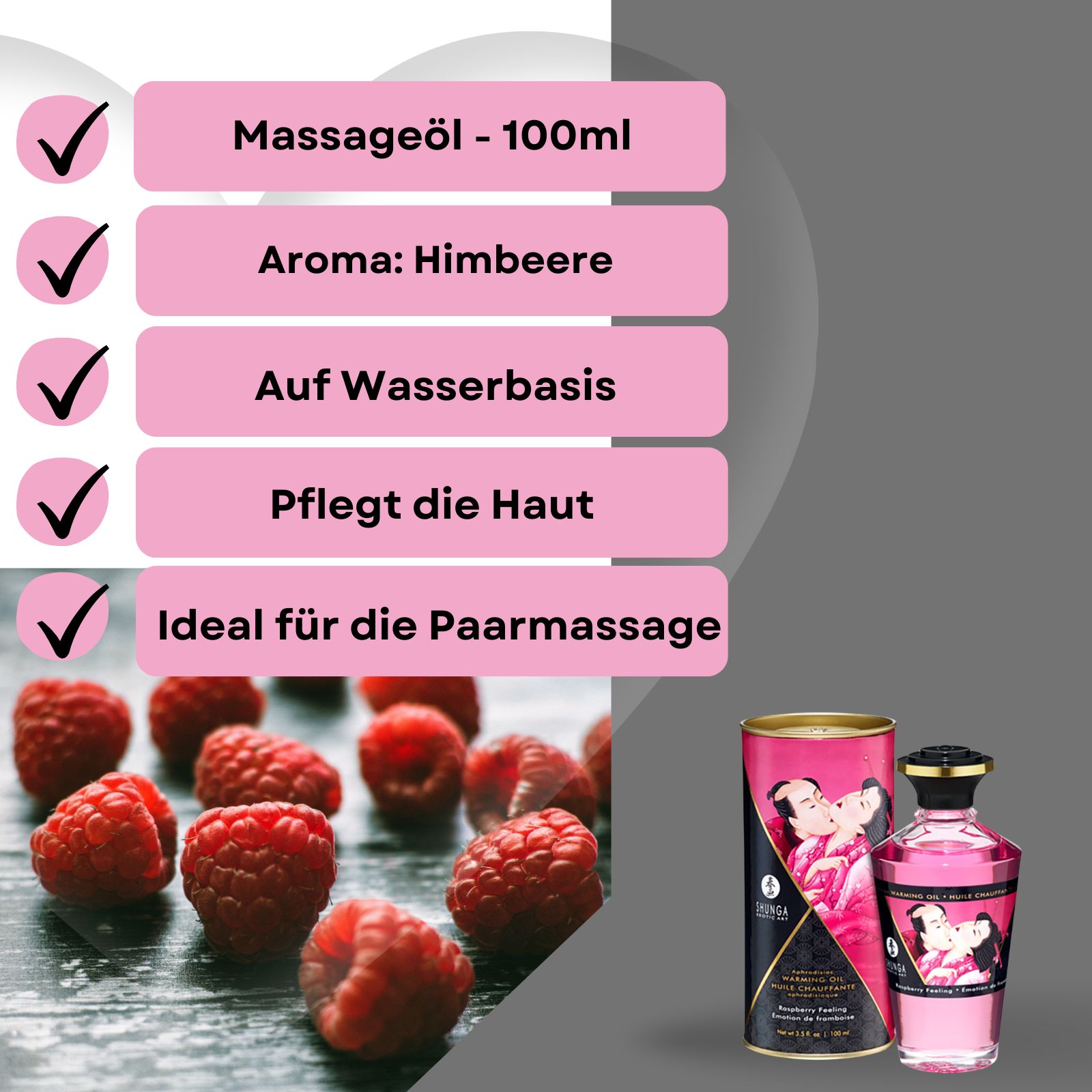 Produkt mit Himbeeren. Dose und Flasche mit Etiketten. Aufschrift: Shunga, Warming Oil, Himbeer-Aroma. Abbildung: küssendes Paar.