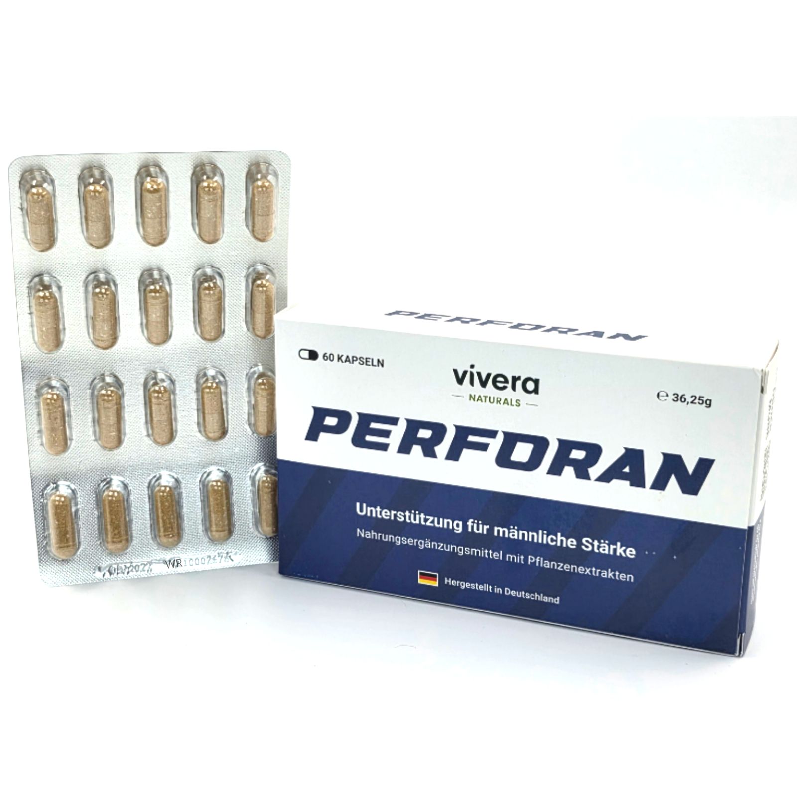 Packung "PERFORAN" mit Blisterpackung. 60 Kapseln. "Vivera Naturals" Logo. Text: Unterstützung für männliche Stärke. Kapseln in Blister.