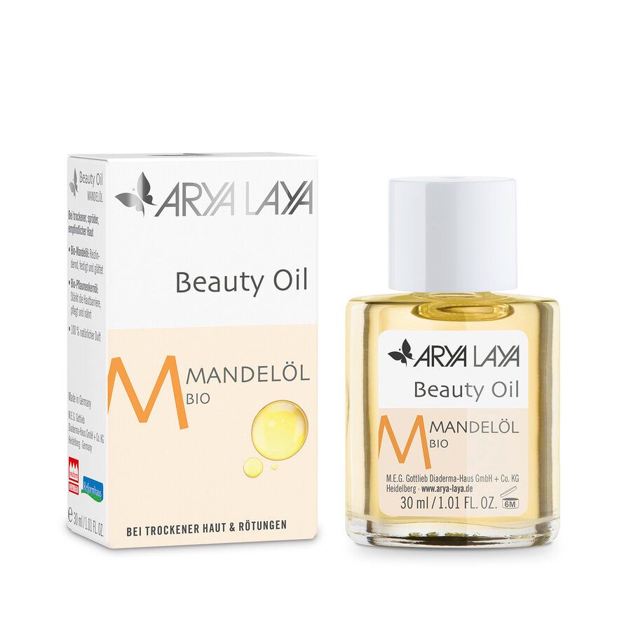 Arya Laya Beauty Oil Mandelöl bio in Glasflasche mit Kartonverpackung.
