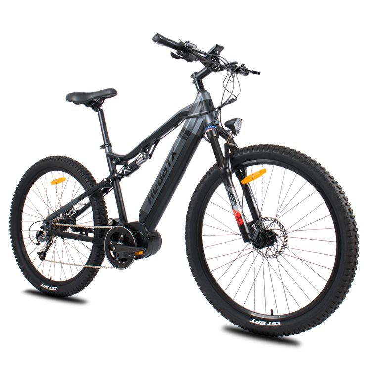 E-Mountainbike HedaTX TX11, schwarz, mit Mittelmotor und 48V 15Ah Akku. Schwarze Reifen, Sattel und Lenker.