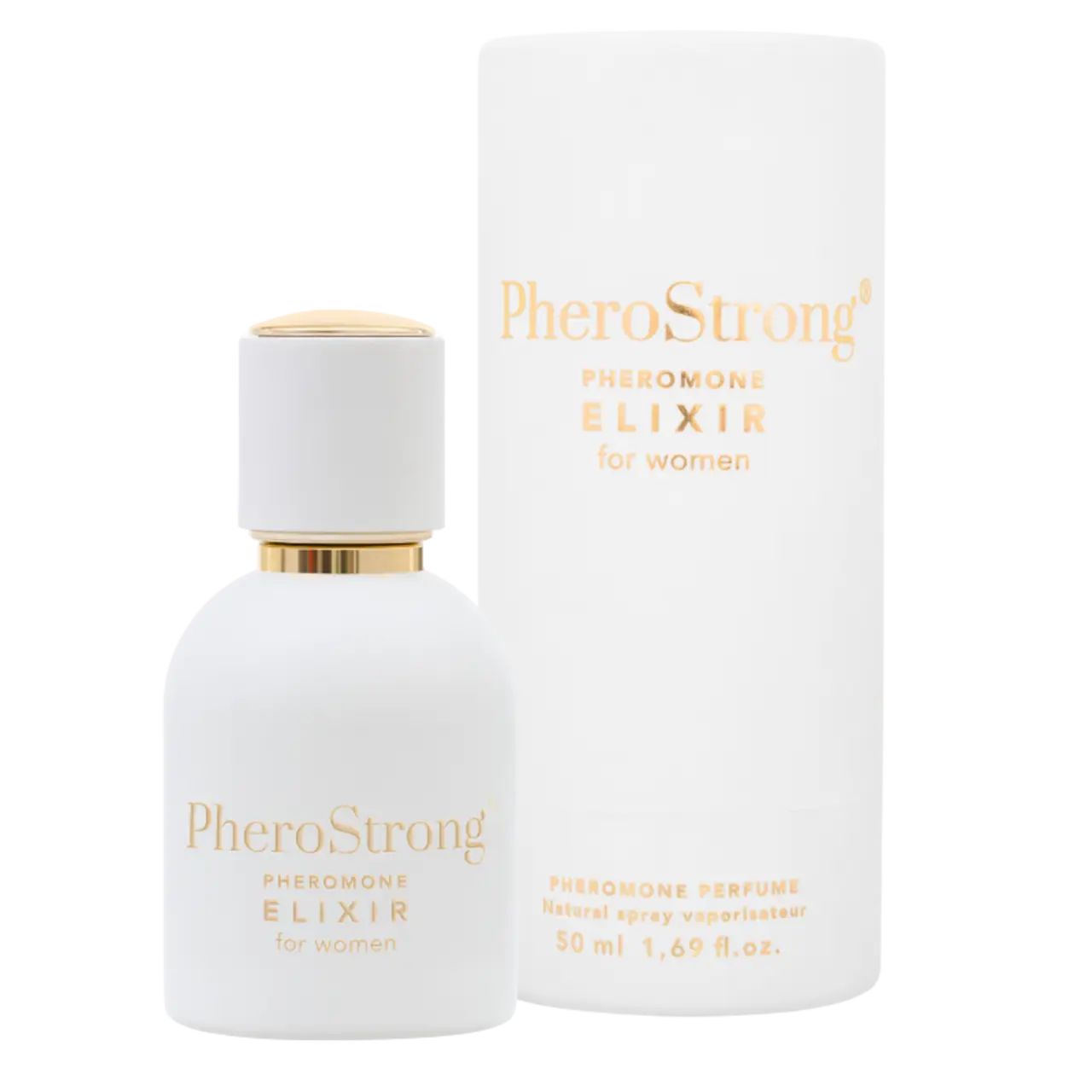 Weiße Flasche und Verpackung. Aufschrift: PheroStrong, ELIXIR for women. Produktname in Gold. 50 ml.