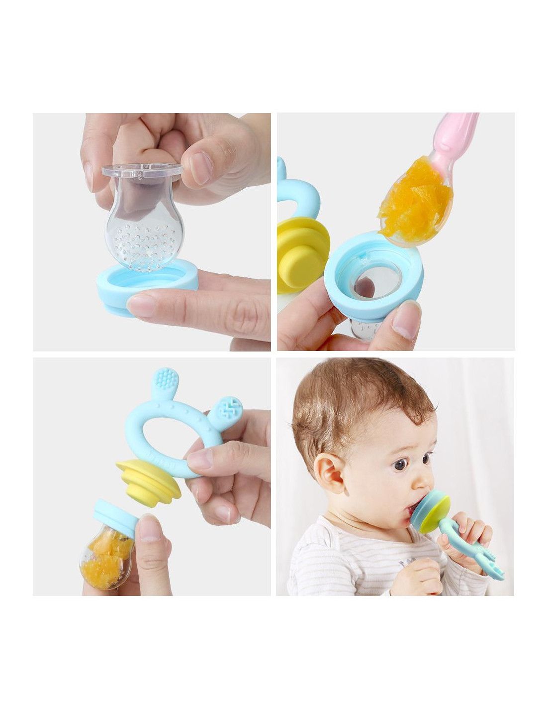 Vier Bilder zeigen die Anwendung des Haakaa Fruchtsaugers und Beissrings (2 in 1). Der Sauger wird mit Fruchtpüree gefüllt und einem Baby gegeben.
