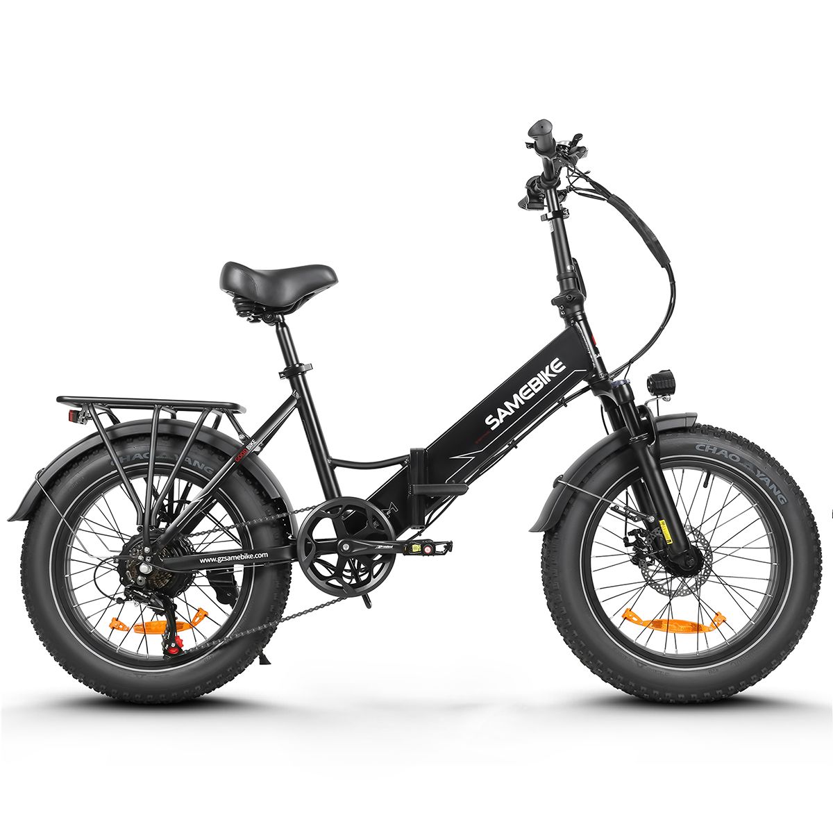 Schwarzes Falt-E-Bike SAMEBIKE LOTDM200-II. Breitreifen, Gepäckträger, Scheinwerfer, Sattel. Akku-Gehäuse mit Logo.