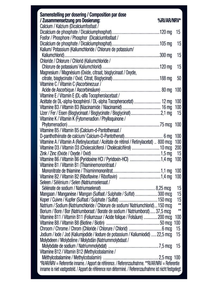 Rückseite einer Verpackung mit Zutatenliste und Dosierungshinweisen für Magnesium, Vitamine und Mineralien.