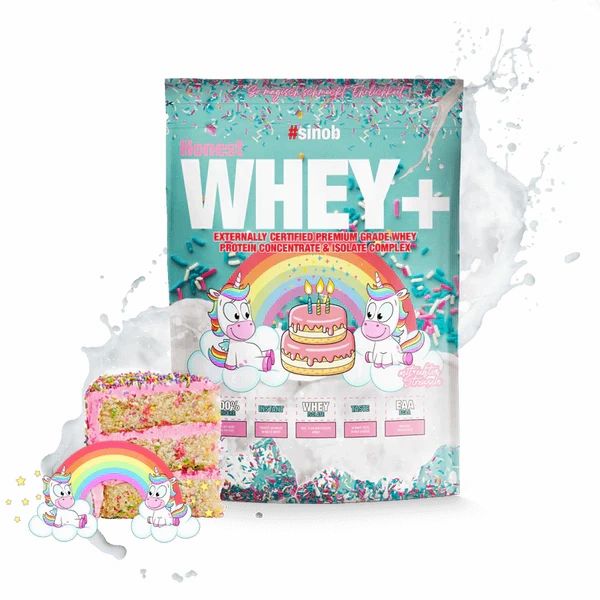 Sinob Honest Whey+ Beutel. Türkis, mit Regenbogen, Einhörnern und Kuchen. Text: Whey+ und #sinob.