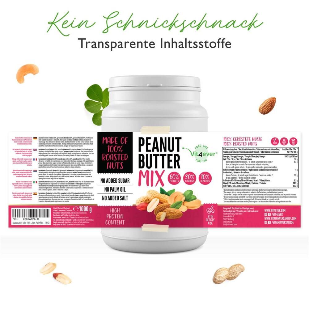 Weißes Glas mit Etikett: Peanut Butter Mix, Vit4ever, 100% geröstete Nüsse, ohne Zucker, Palmöl und Salz. 1000g. Hoher Proteingehalt.
