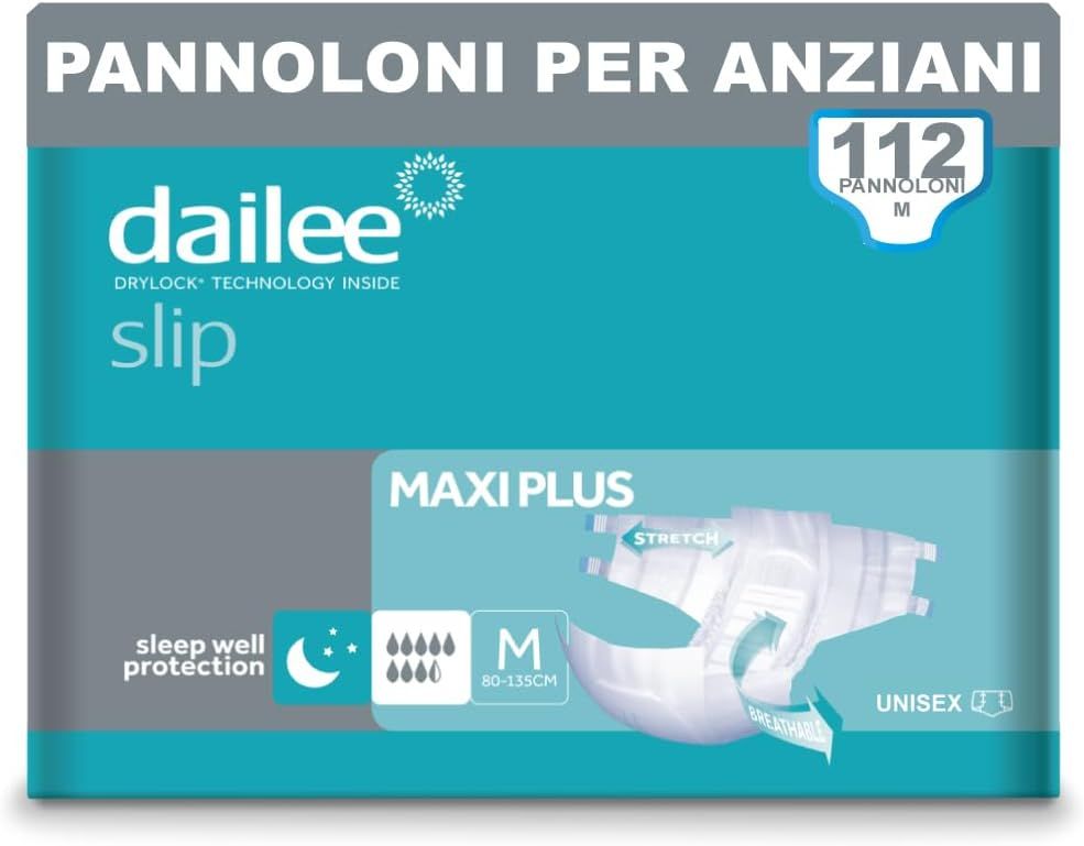 Verpackung Dailee Slip Maxi Plus. Blaue Verpackung mit Produktabbildung und Größenangabe M. Text: PANNOLONI PER ANZIANI.