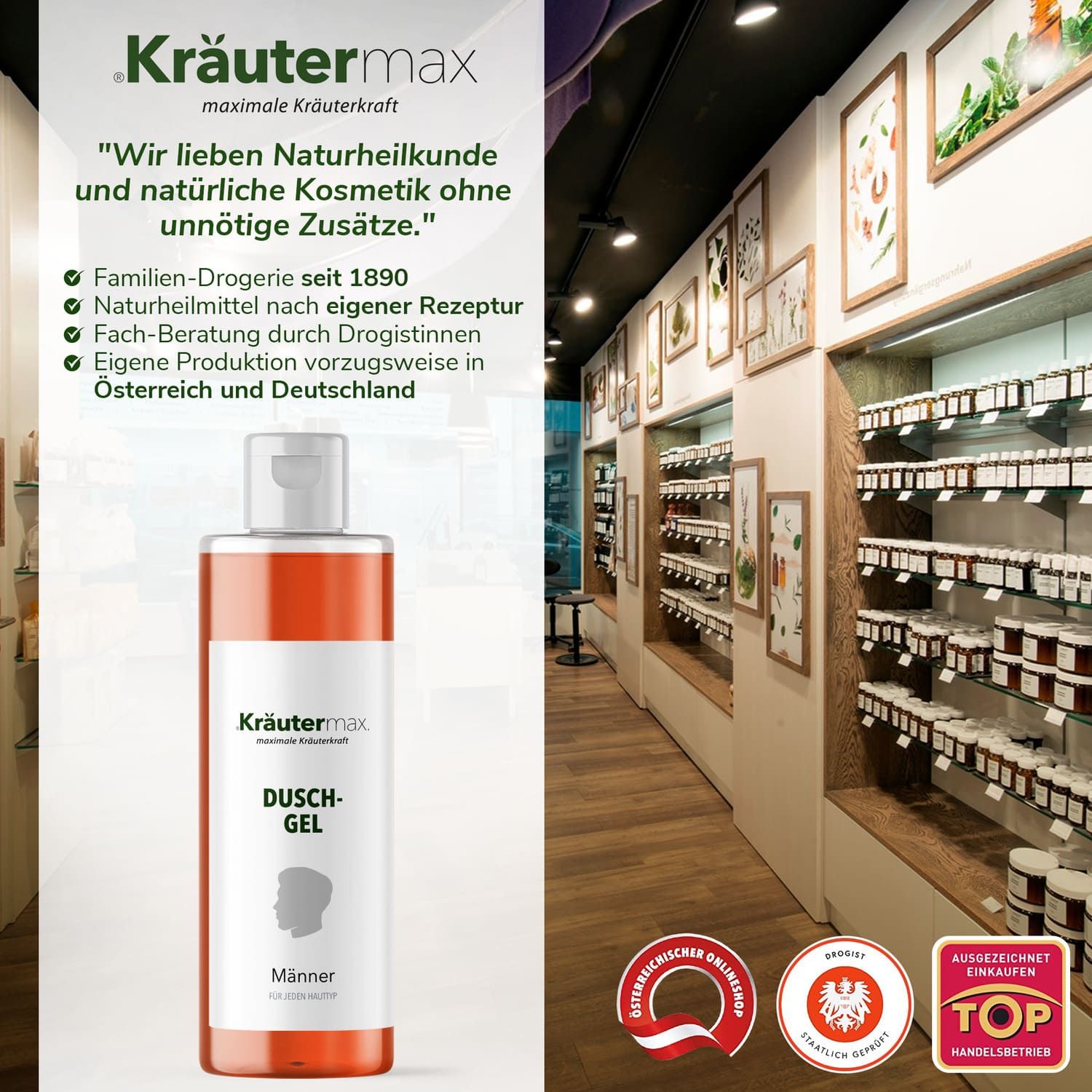 Kräutermax Duschgel Männer, Flasche in einem Drogeriemarkt. Hintergrund: Regale mit Produkten, Logos und Zertifizierungen.