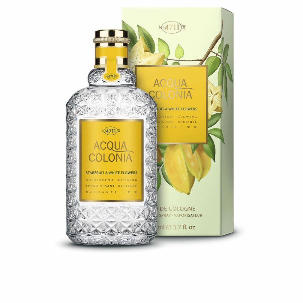 Glasflakon und Verpackung. Aufschrift: Acqua Colonia Starfruit & White Flowers. Abbildung von Sternfrüchten.