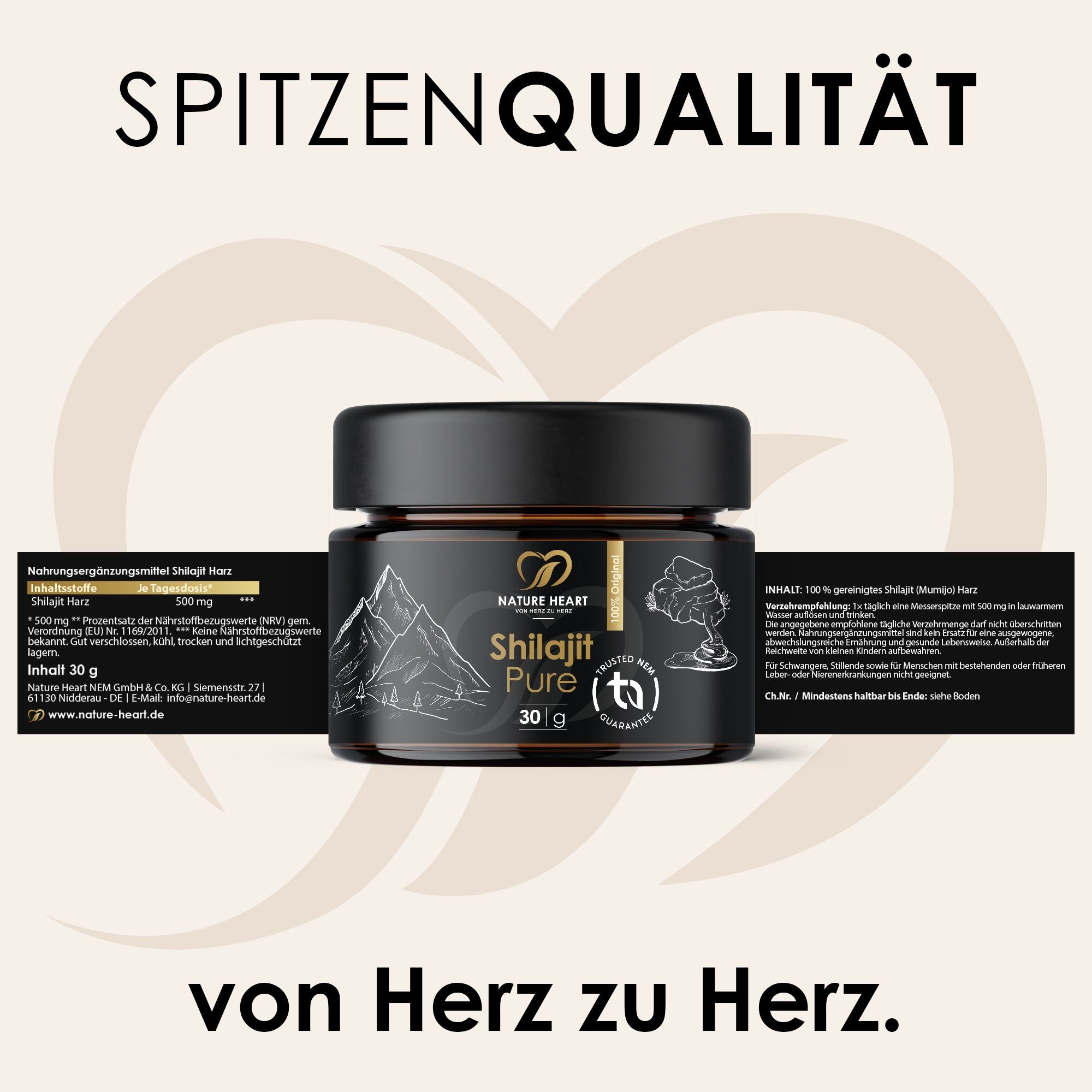 Glasdose mit schwarzem Deckel. Aufschrift: Shilajit Pure, 30g, Nature Heart. Text: Spitzenqualität. Produktinformationen.