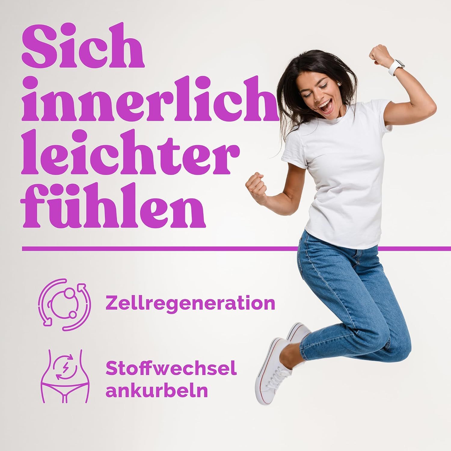 Person springt in die Luft. Text: Zellregeneration, Stoffwechsel ankurbeln. Hintergrund: Weiß.
