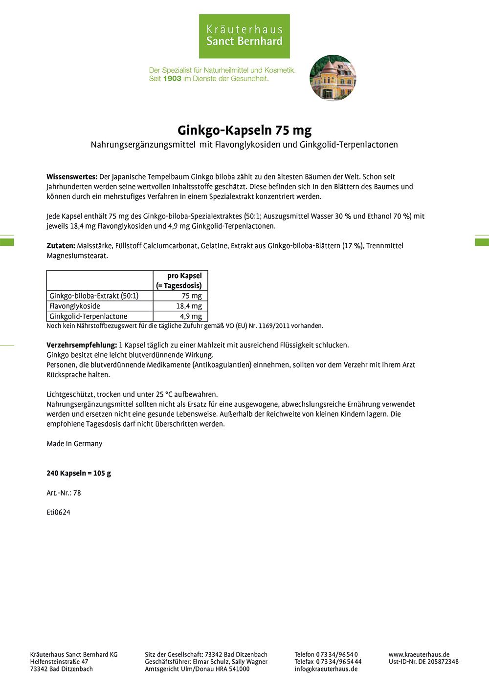 Produktinformationen: Ginkgo-Kapseln 75 mg. Enthält Informationen zu Inhaltsstoffen, Dosierung und Hersteller.