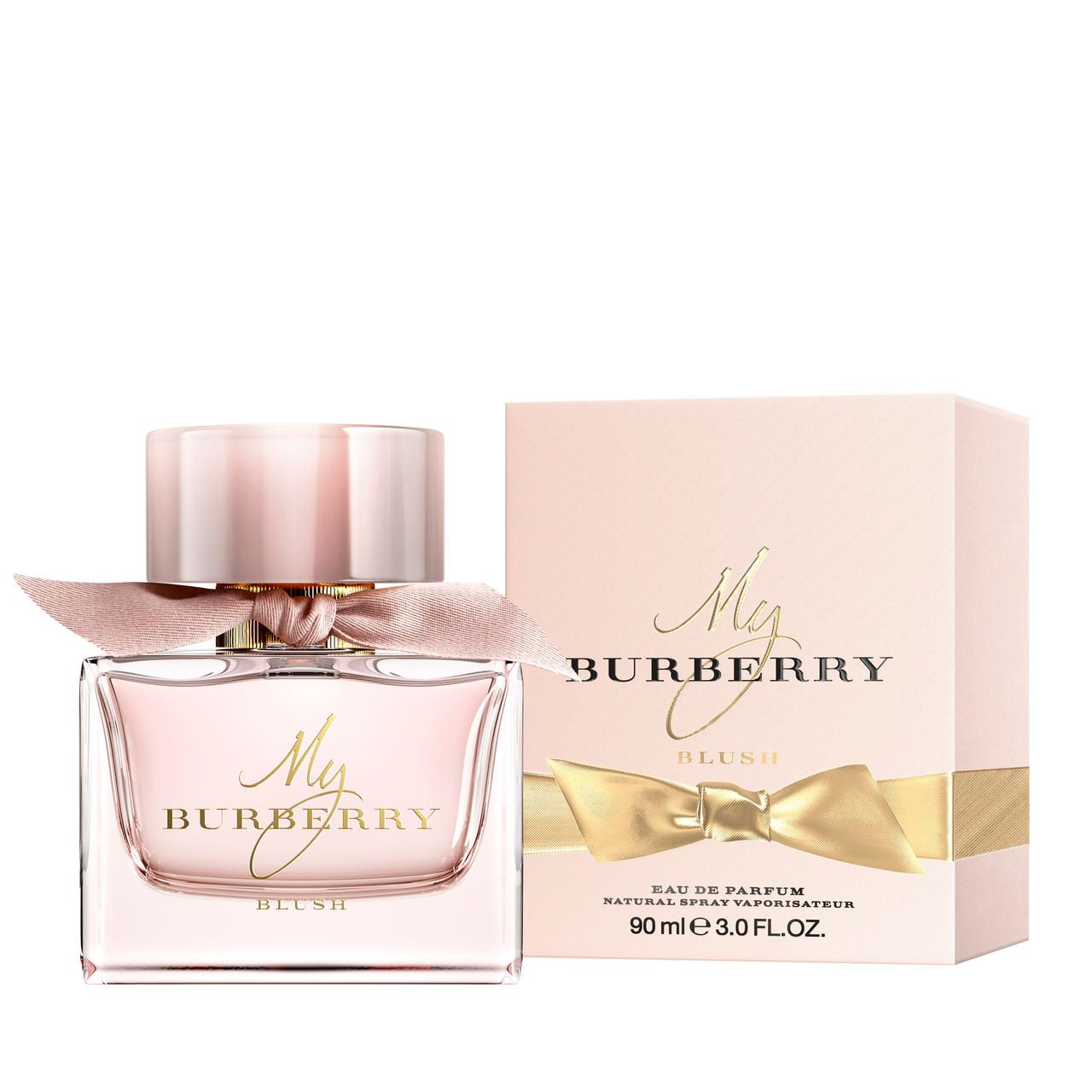 Glasflakon und rosa Schachtel. Aufschrift My Burberry Blush. Eau de Parfum, 90 ml.