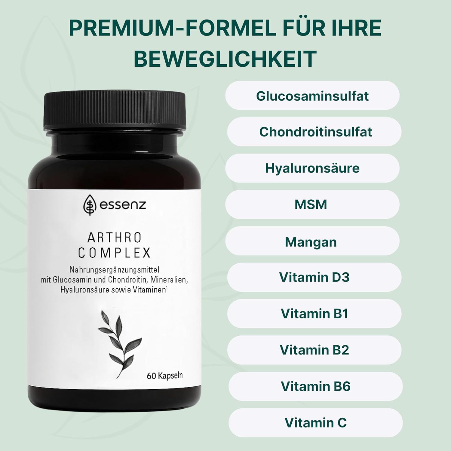 Flasche ESSENZ Arthro Complex. Liste mit Inhaltsstoffen: Glucosaminsulfat, Chondroitinsulfat, Hyaluronsäure, MSM, Mangan, Vitamine.