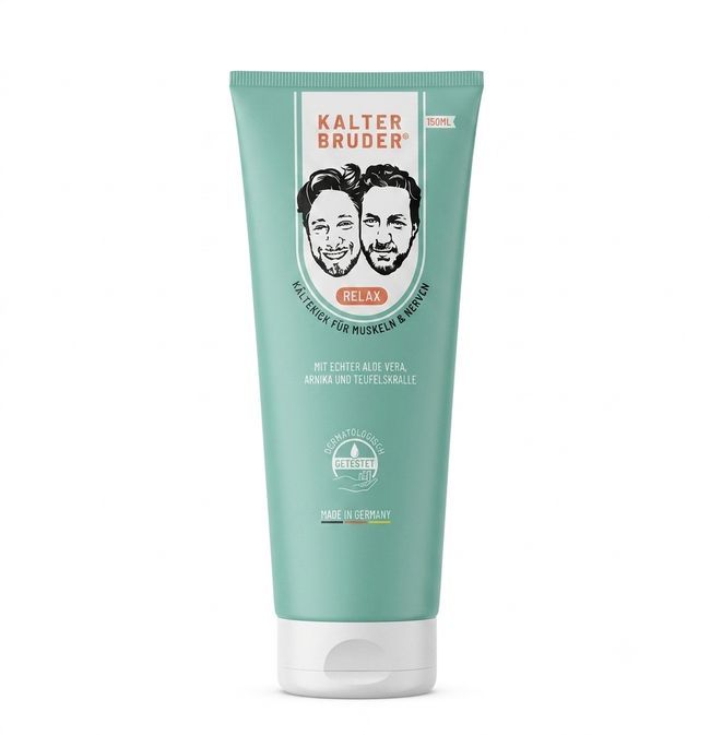 Kalter Bruder Kühlgel Tube mit zwei Männergesichtern und "RELAX"-Schriftzug. Dermatologisch getestet.