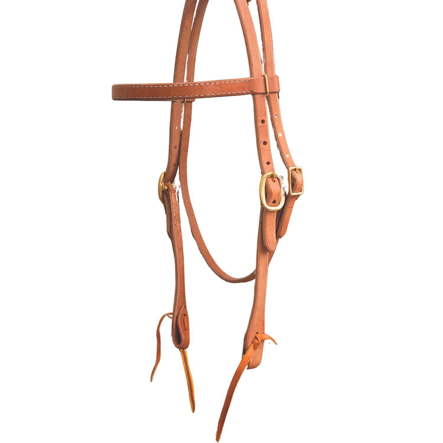 Braunes Kopfstück aus Leder mit Schnallen und Riemen. Nahaufnahme, isoliert auf weißem Hintergrund.