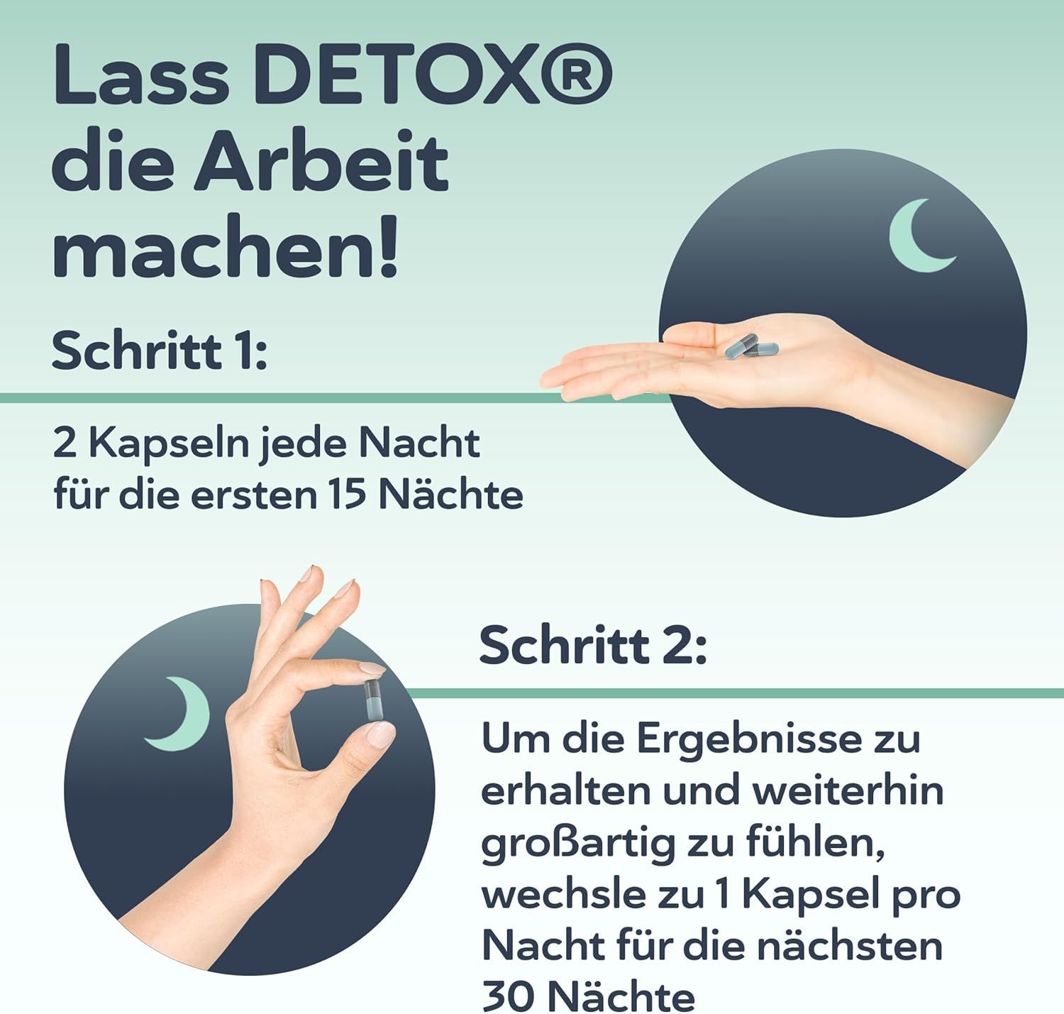 Schritt 1: 2 Kapseln jede Nacht. Schritt 2: 1 Kapsel pro Nacht. Hand hält Kapseln im Mondlicht.