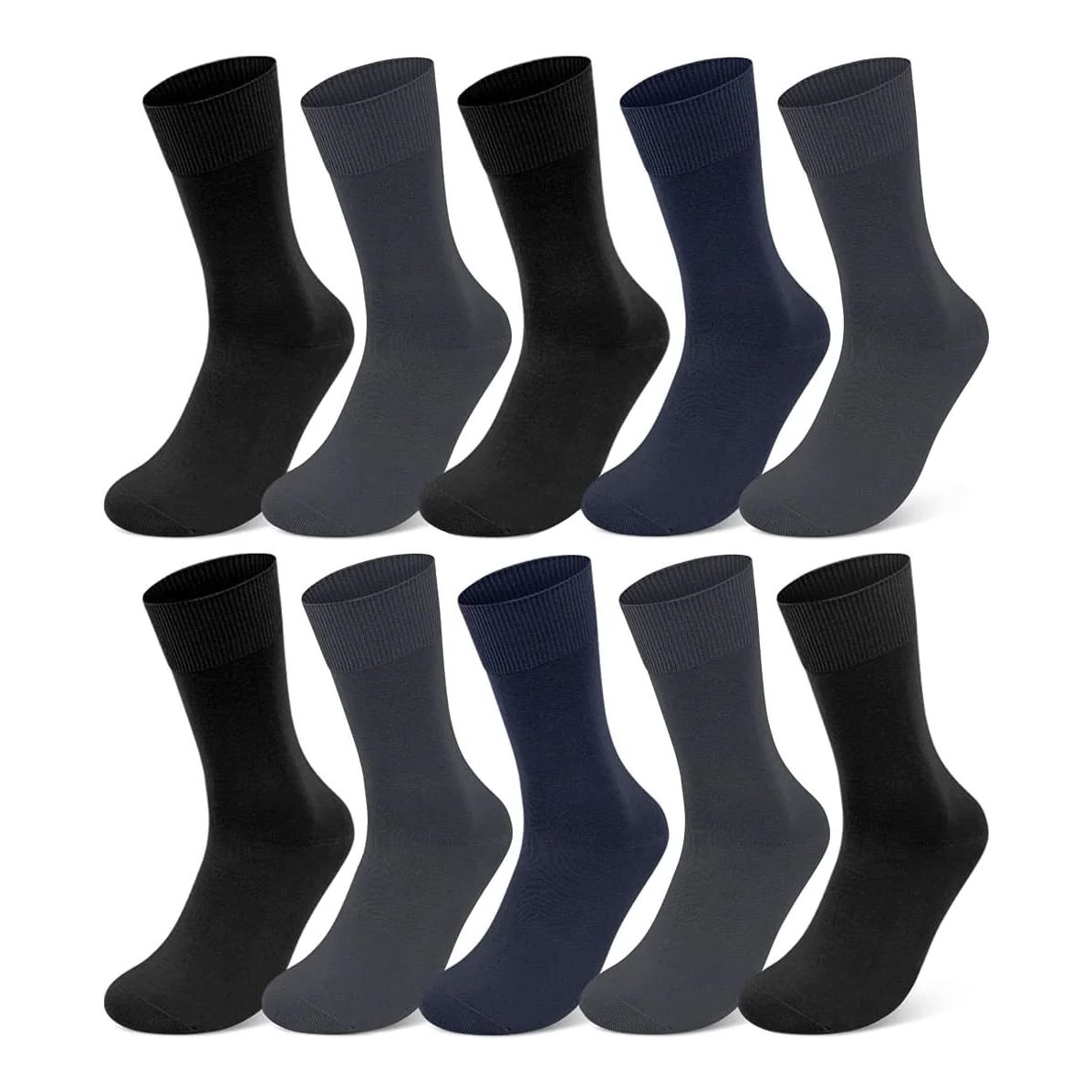 Zwölf Diabetiker Socken in verschiedenen Farben. Ohne Etikett. Verschiedene Grautöne, Schwarz und Blau.