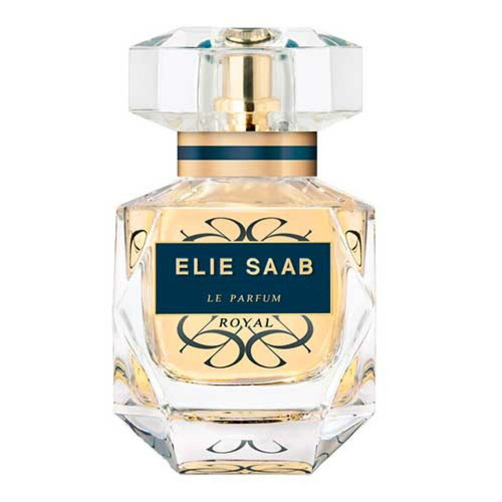 Parfümflakon mit goldfarbener Flüssigkeit. Klarer, facettierter Deckel. Aufschrift: ELIE SAAB LE PARFUM ROYAL.