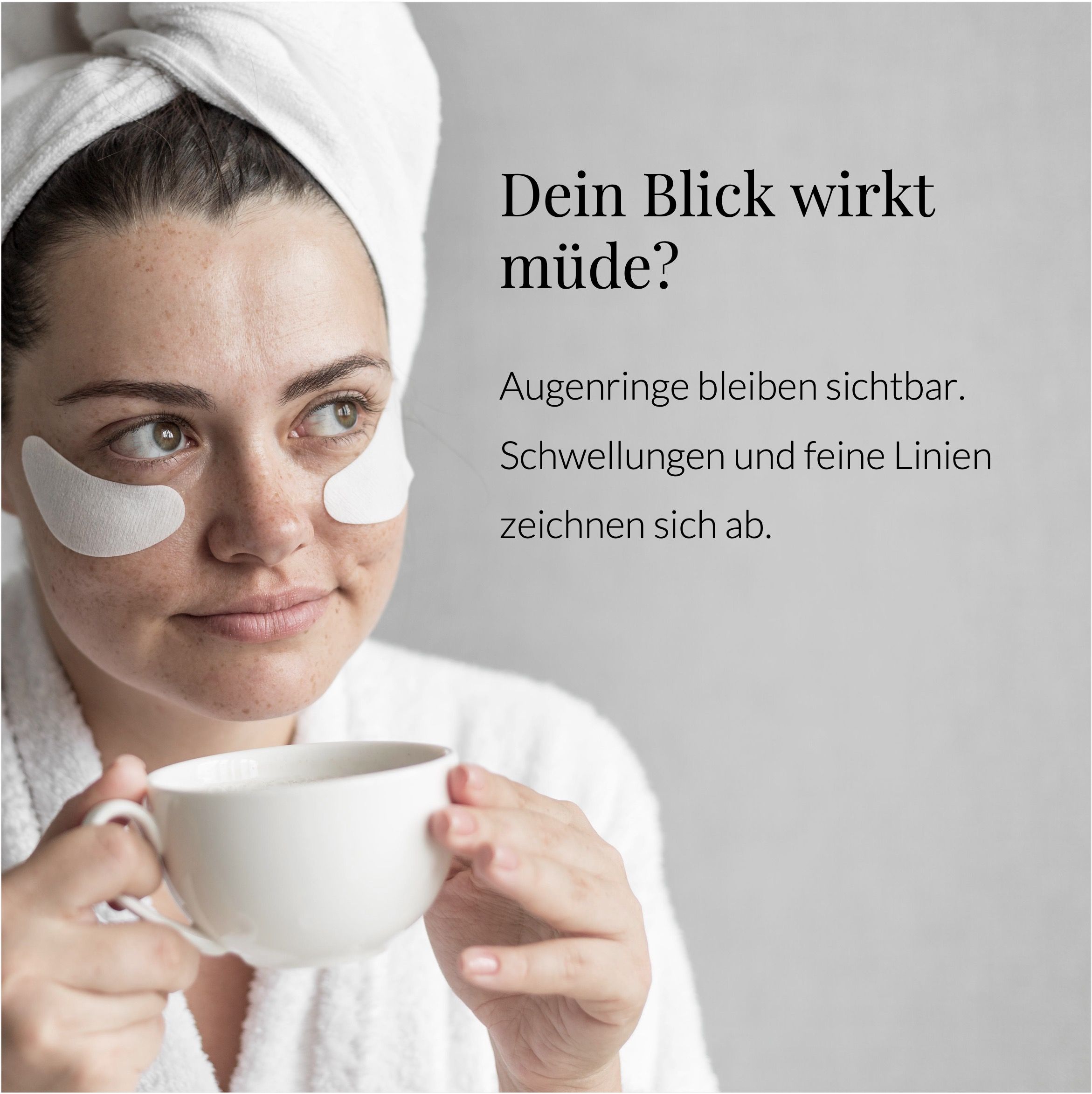 Produktflasche und Text. Text: ANTI-AGING EYE CONTOUR CREAM. Vorteile: Augenlider straffen, Augenringe reduzieren.