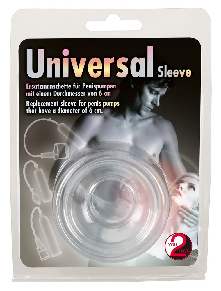 Ersatzmanschette in Blisterverpackung. Text: Universal Sleeve. Abbildung eines Mannes und einer Frau. Produktabbildung und Markenlogo.