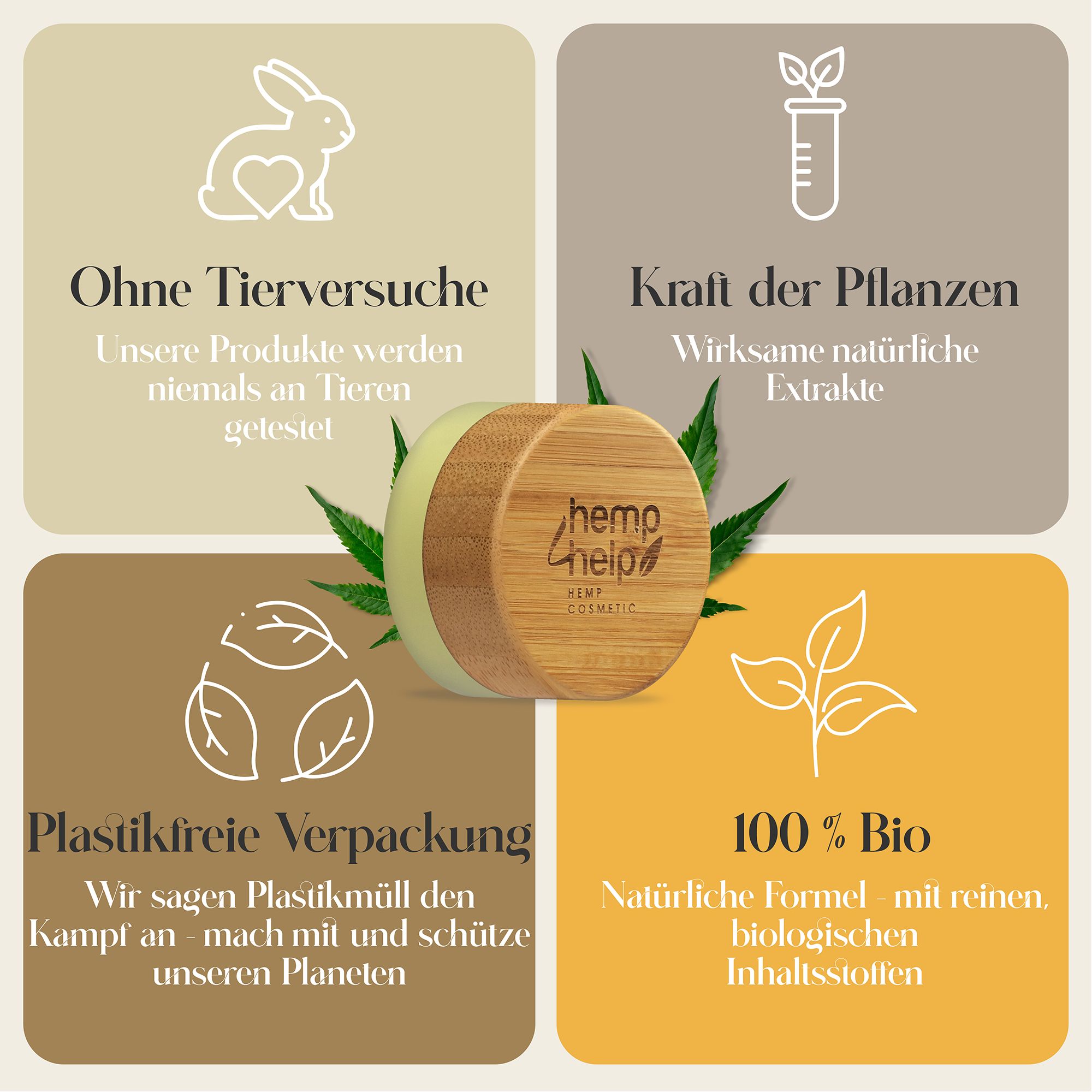 Lippenbalsam-Tiegel mit Holzdeckel. Text: Ohne Tierversuche, Kraft der Pflanzen, plastikfreie Verpackung, 100% Bio.