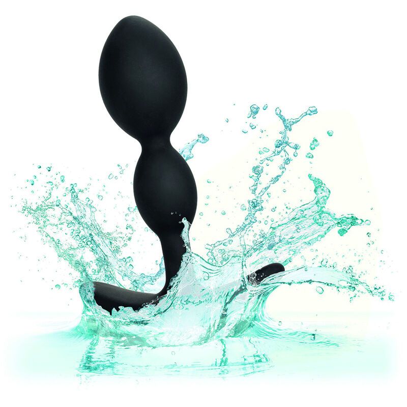 Schwarzer Analplug im Wasser. Tropfenförmiger Kopf, konischer Mittelteil, T-förmige Basis, Wasserspritzer.