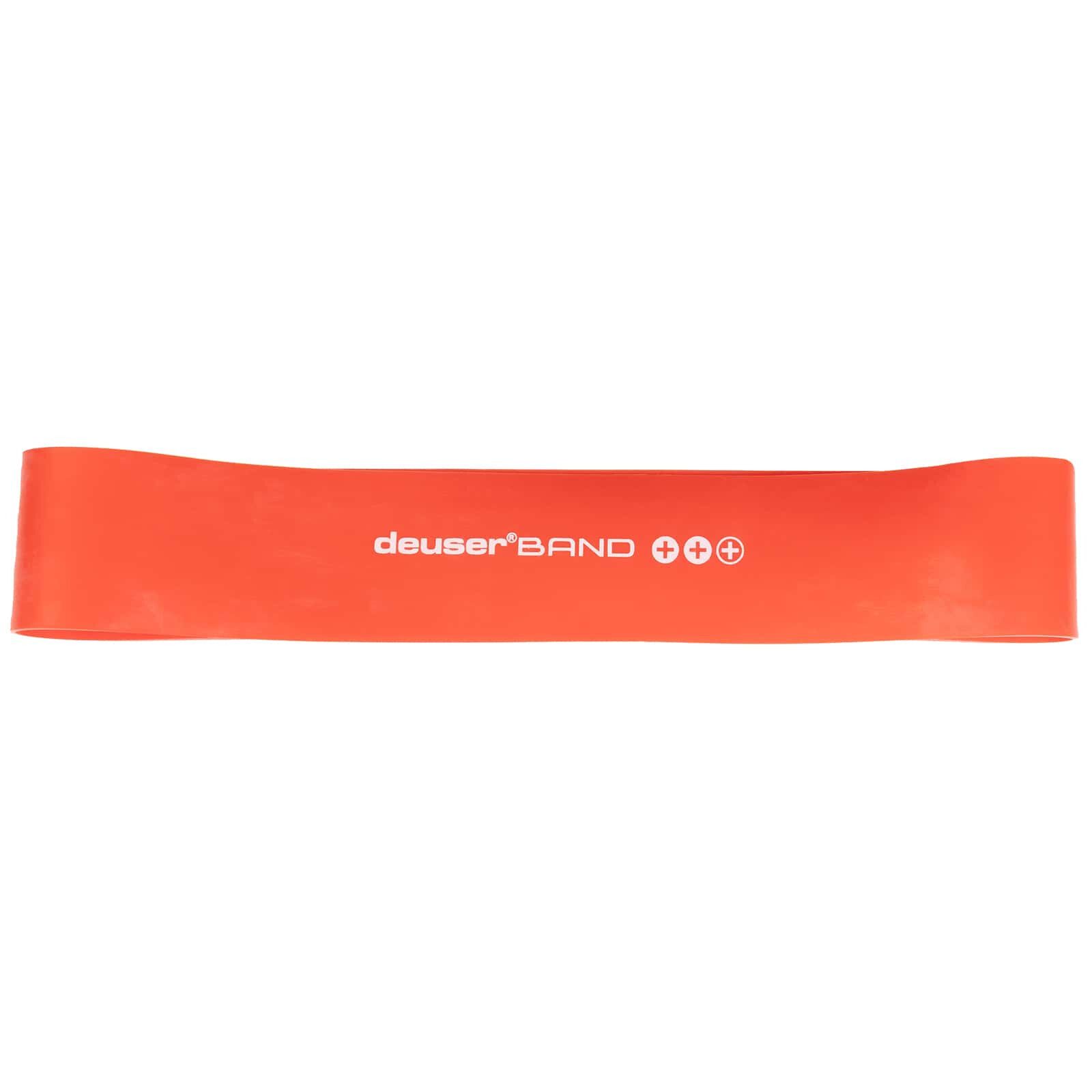 Orangenes Deuser® Band plus, Mittel. Aufdruck in Weiß. Flache, rechteckige Form.
