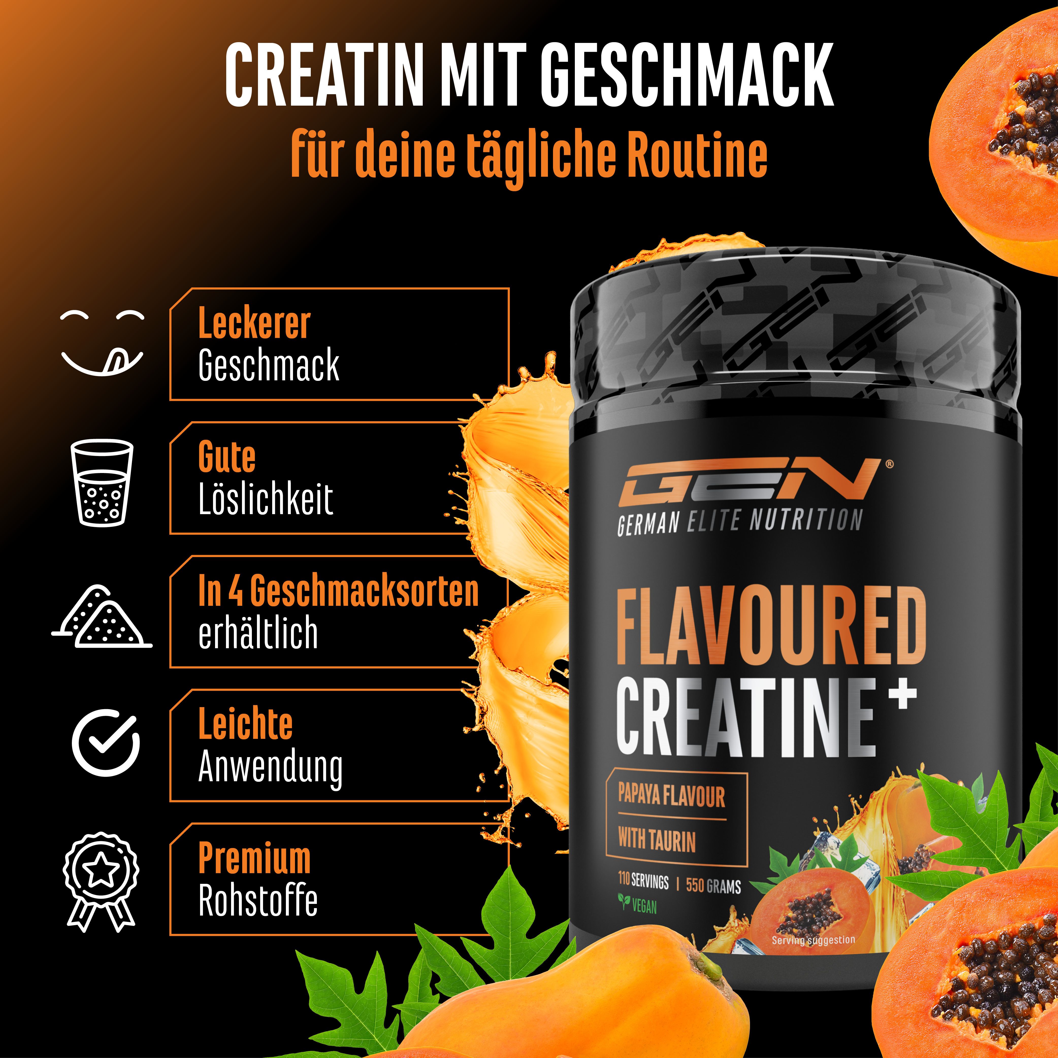Schwarze Dose GEN Flavoured Creatine+. Papaya-Geschmack. Enthält Taurin. 4 Geschmacksrichtungen. Premium-Rohstoffe. Gute Löslichkeit.
