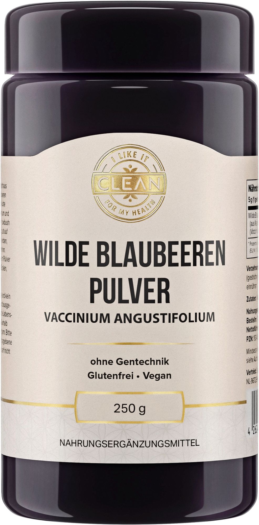 Dunkles Glas mit Wilden Blaubeeren Pulver, 250g. "I LIKE IT CLEAN" Logo.