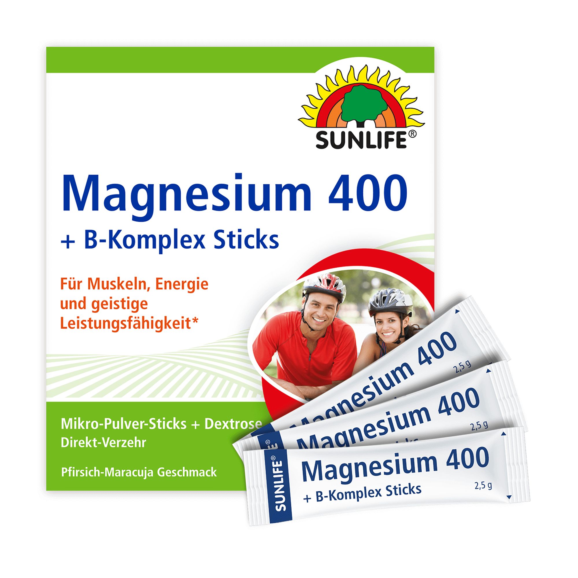 Schachtel SUNLIFE Magnesium 400 B-Komplex Sticks. 3 Sticks liegen daneben. Grün-weißes Design. 20 Sticks. Abbildung von Radfahrern.