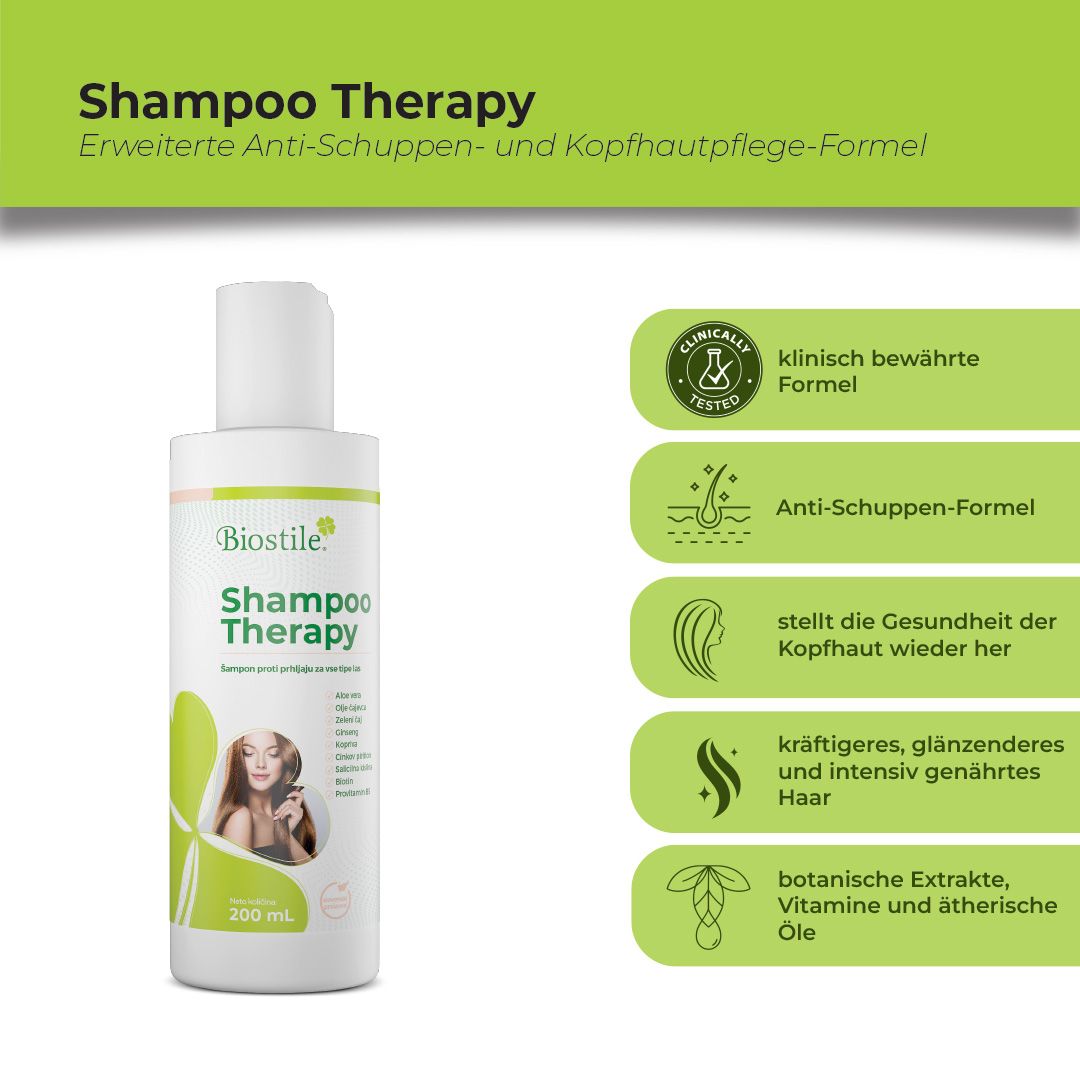 Biostile Shampoo-Therapie Flasche. Weiß, grünes Etikett. Text: Anti-Schuppen-Formel, 200 ml.
