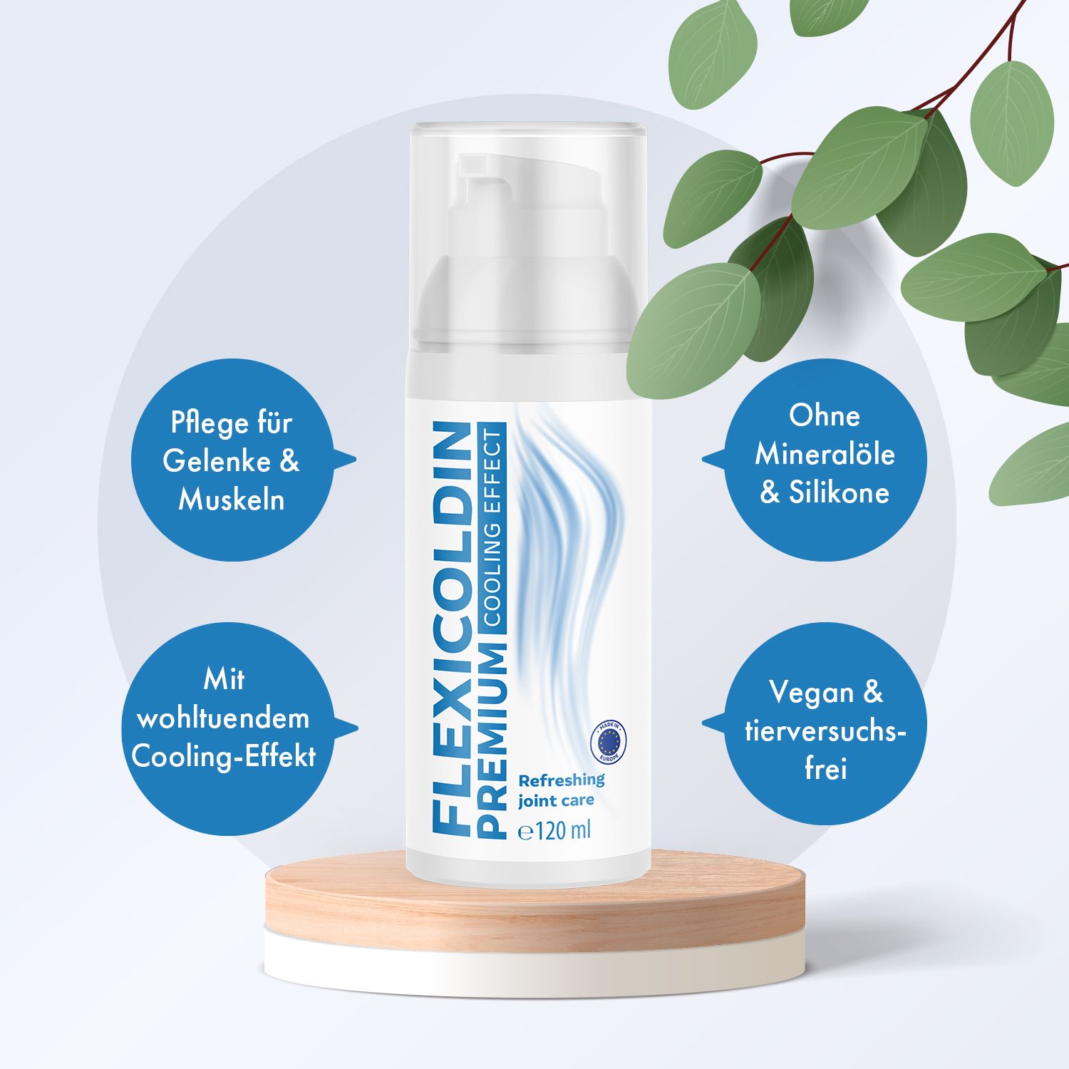 Flexicoldin Premium Cooling Effect Gel-Flasche auf Holzsockel. Blaue Infografik mit Text über Eigenschaften des Gels.